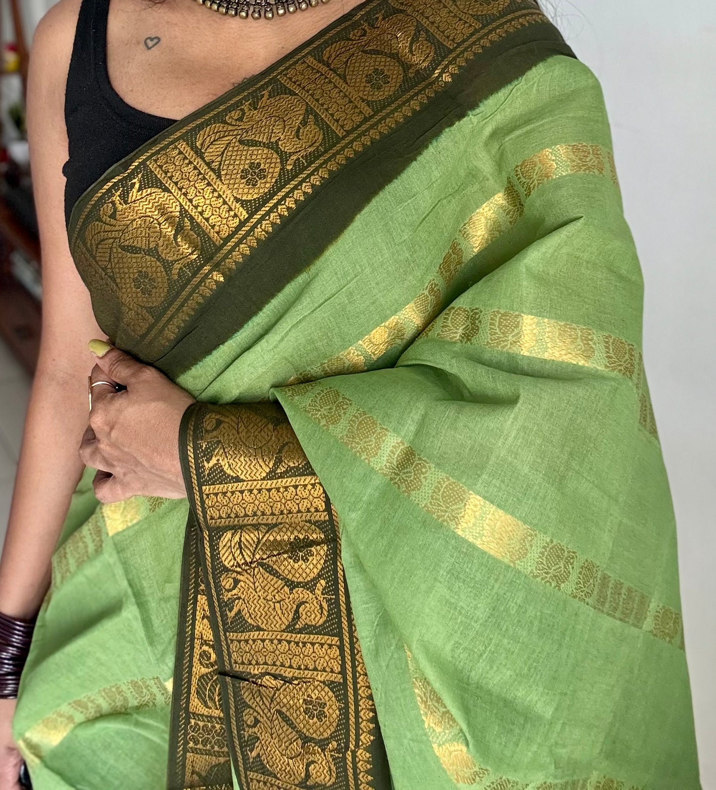 Light pista green with dark green, multi peacock motif lines, kattuchayam dyed sungudi cotton - YCCOTNJUCC13