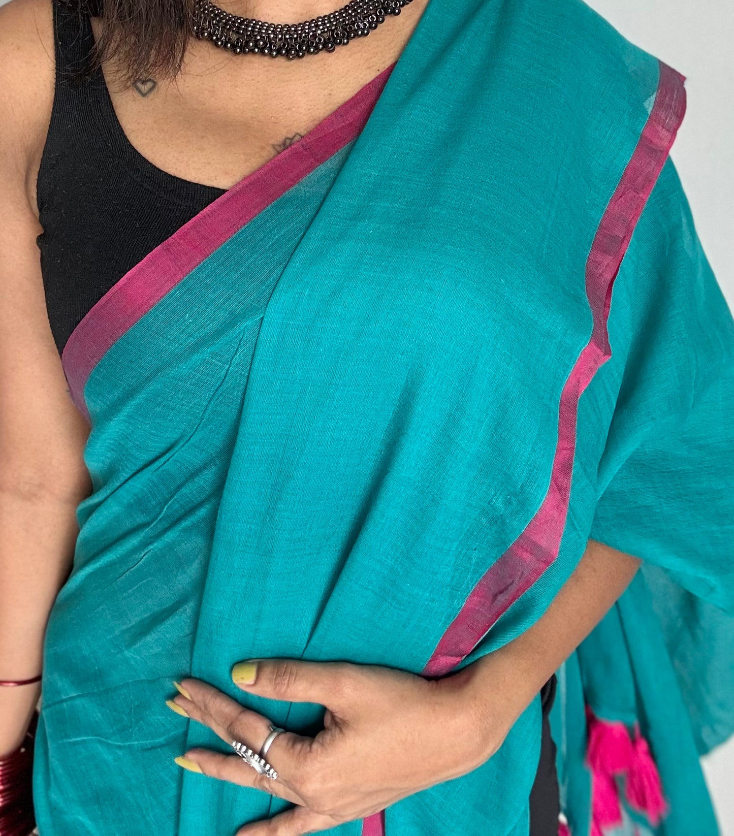 Dark cyan with ruby red border mul cotton saree - YCBCMCFE223