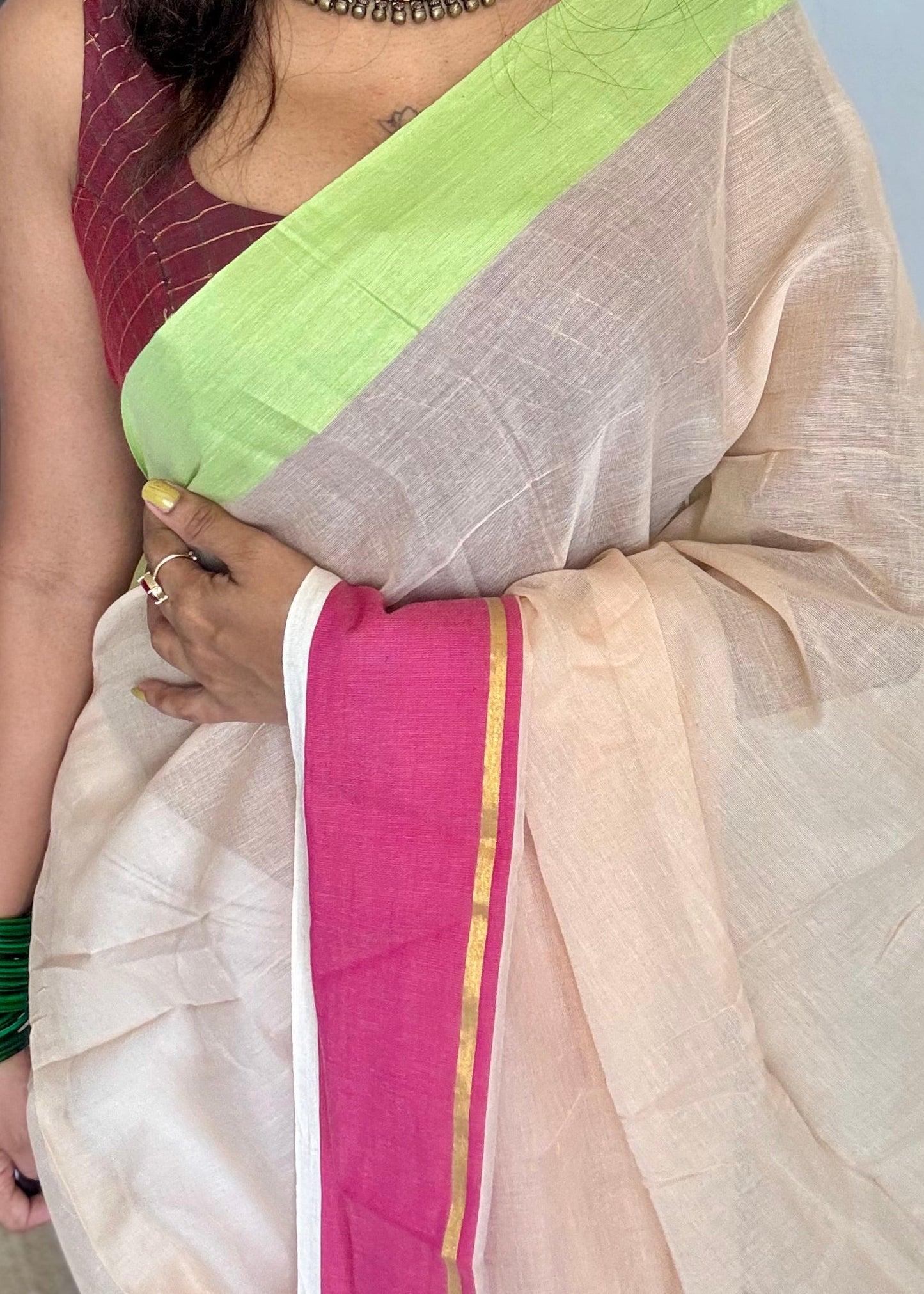 Sandal mul saree with pink and pista green borders - YCBCMCFE292