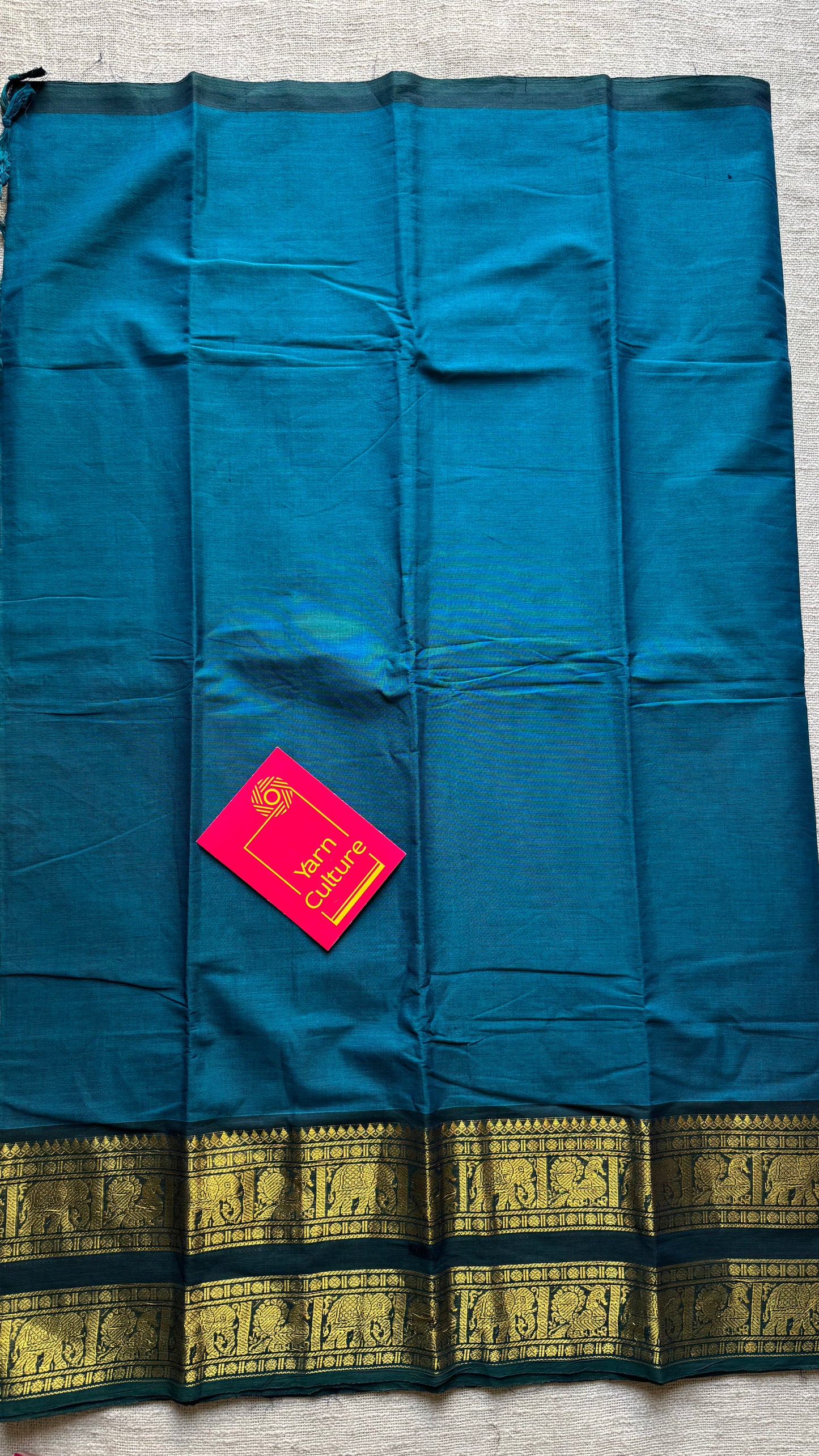 Blue with green wide contrast border, kanchi cotton - YCCOTNKCDE83