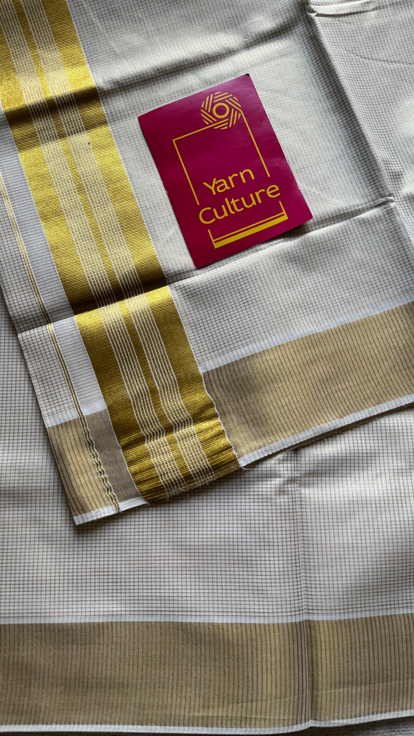 Ivory Kerala tissue cotton saree with gold microchecks - YCIEKCFE317