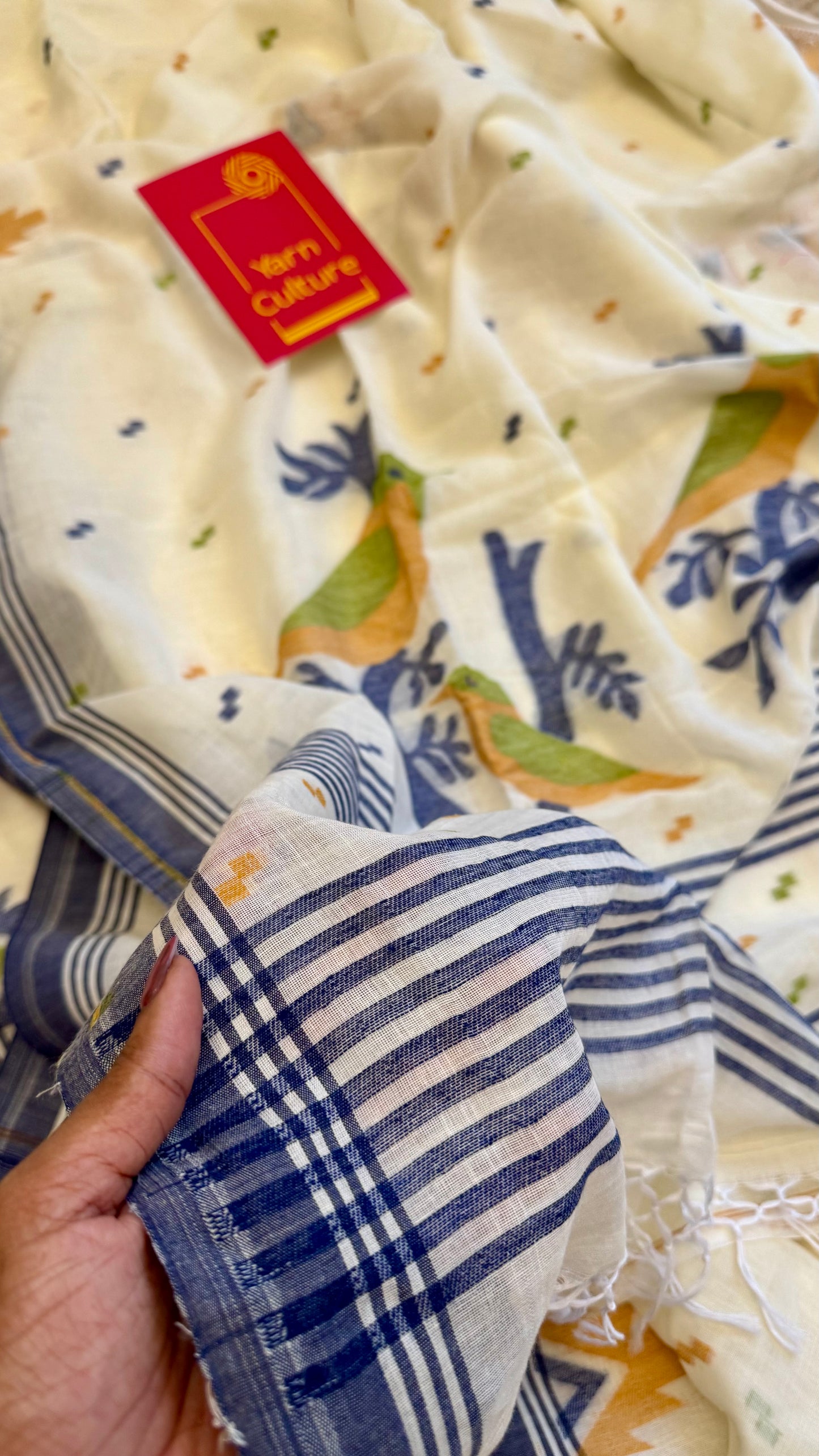 Ivory soft cotton saree, jamdani bird work - YCIEON38