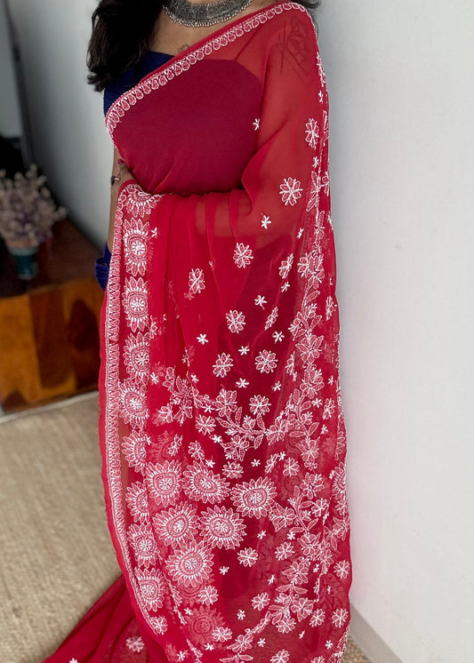 Sham-e-Ishq (evening of love) - Red Chikankari, georgette YCSLCJULCK07