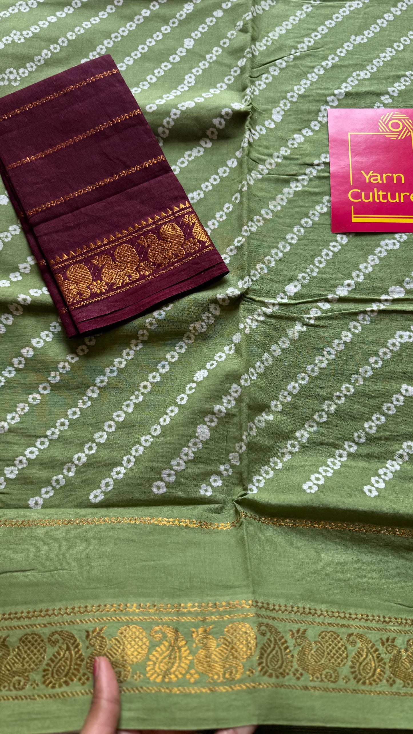 Pastel pista green, wax dot printed sungudi, kattuchayam dyed madurai cotton - YCCOTNMSAP159