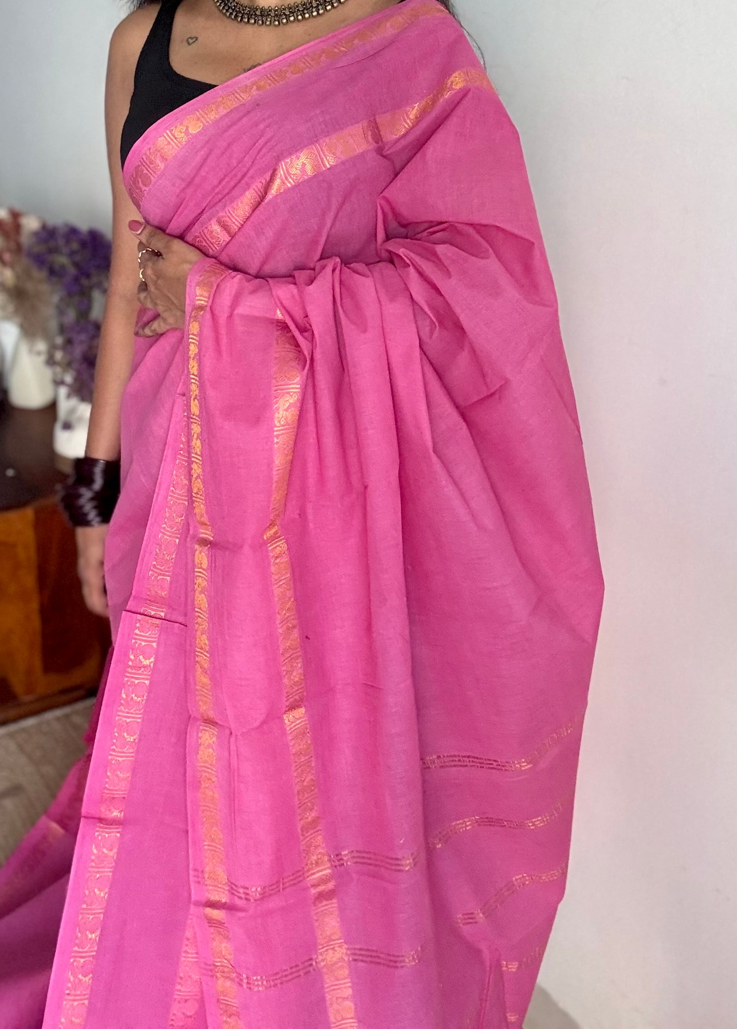 Light pink rettaipettu peacock gap border, kattuchayam dyed madurai cotton saree  - YCCOTNMSAP218