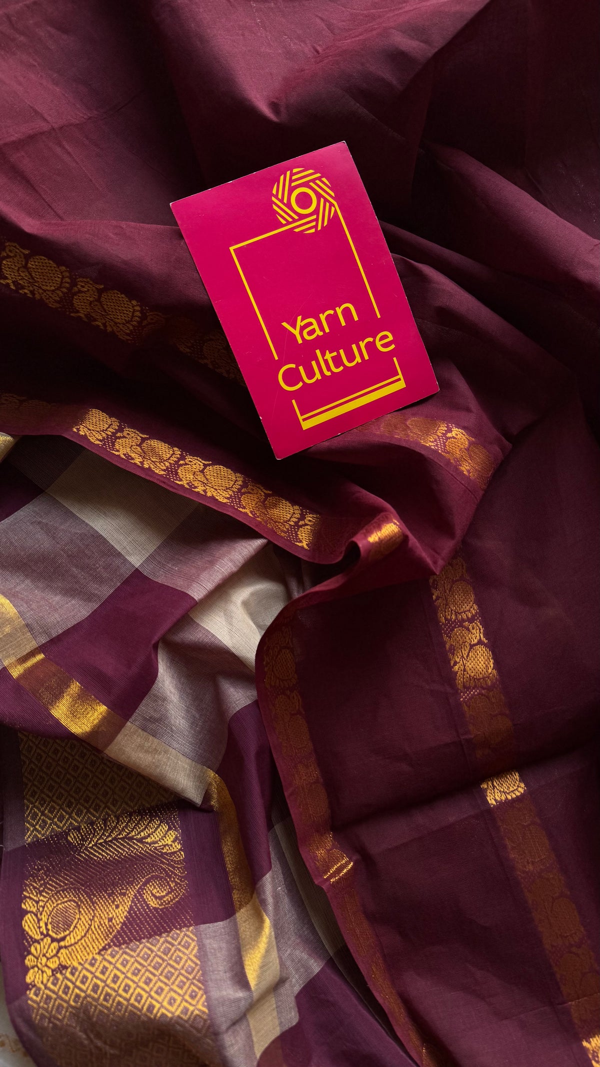 Maroon with multicoloured checks, cotton half and half saree - YCCOTNIDOC126