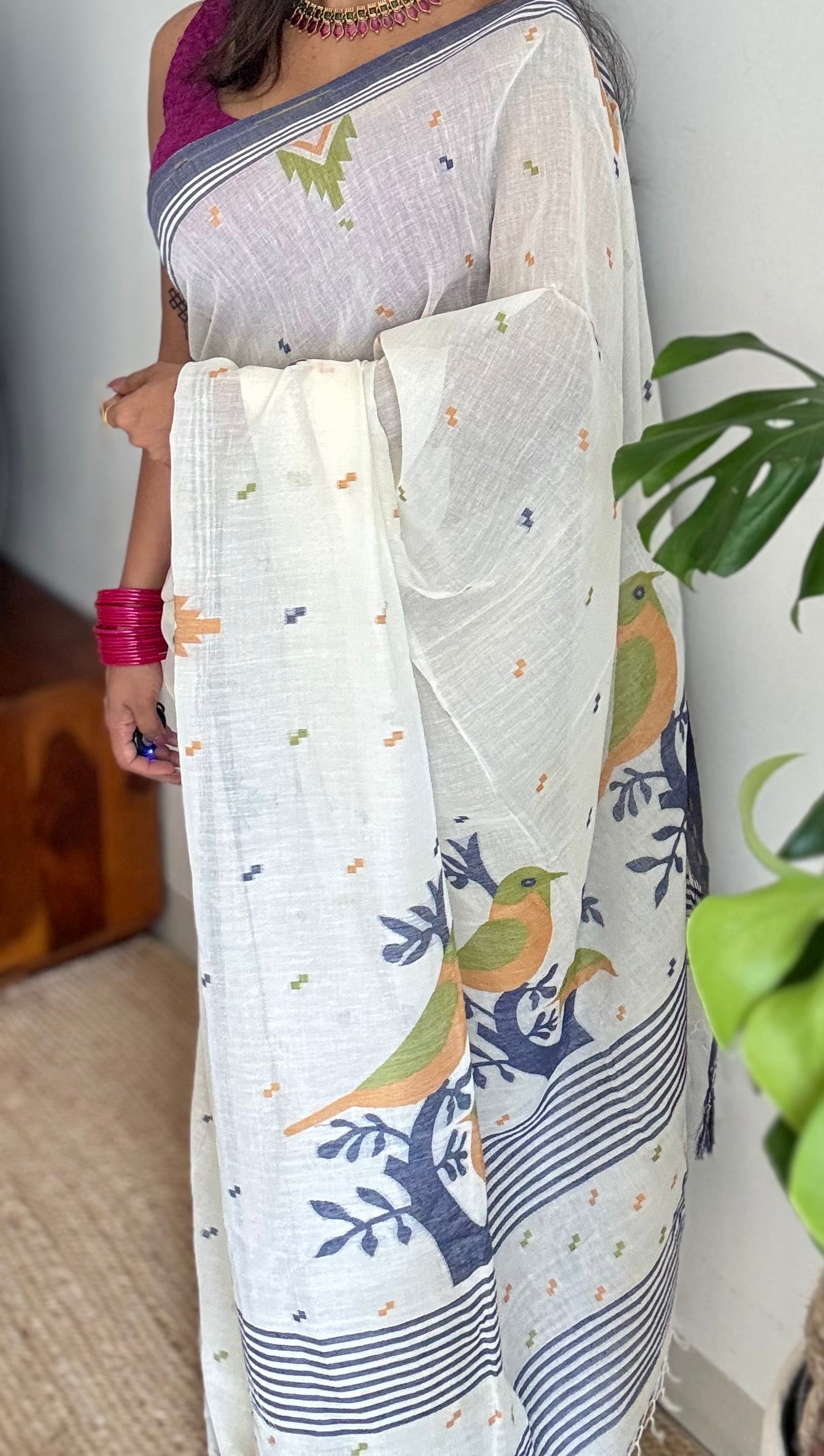 Ivory soft cotton saree, jamdani bird work - YCIEON38