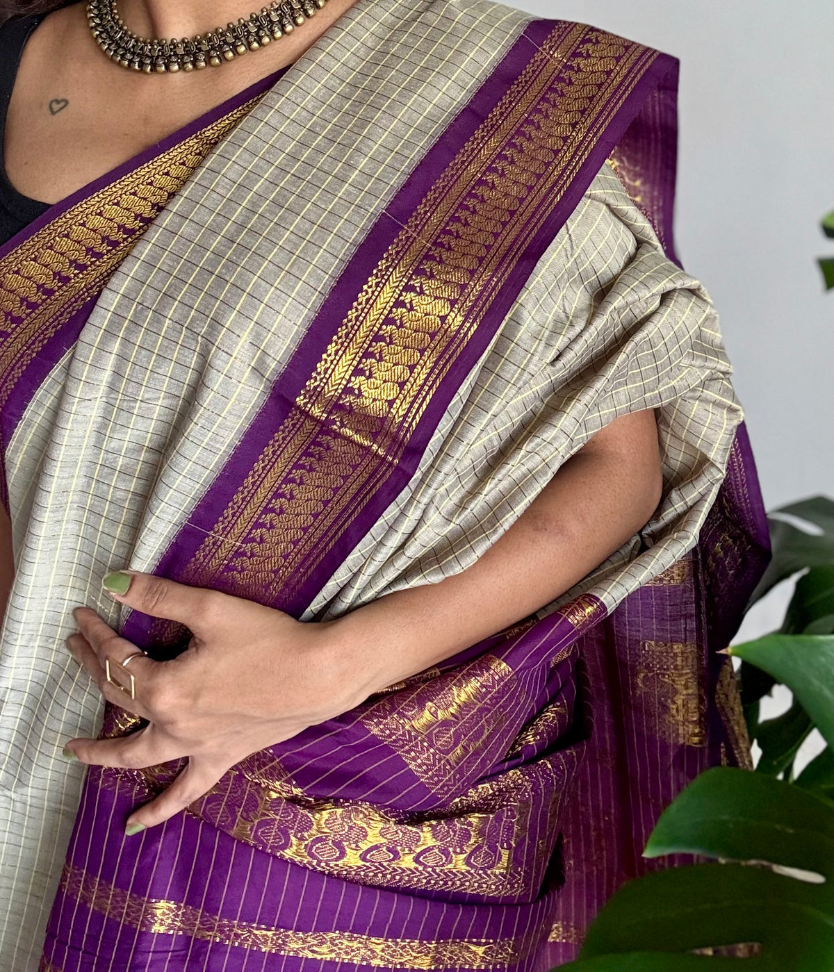 Warm grey with purple, zari checkered saree, cotton silk - YCCOTNKCOC110