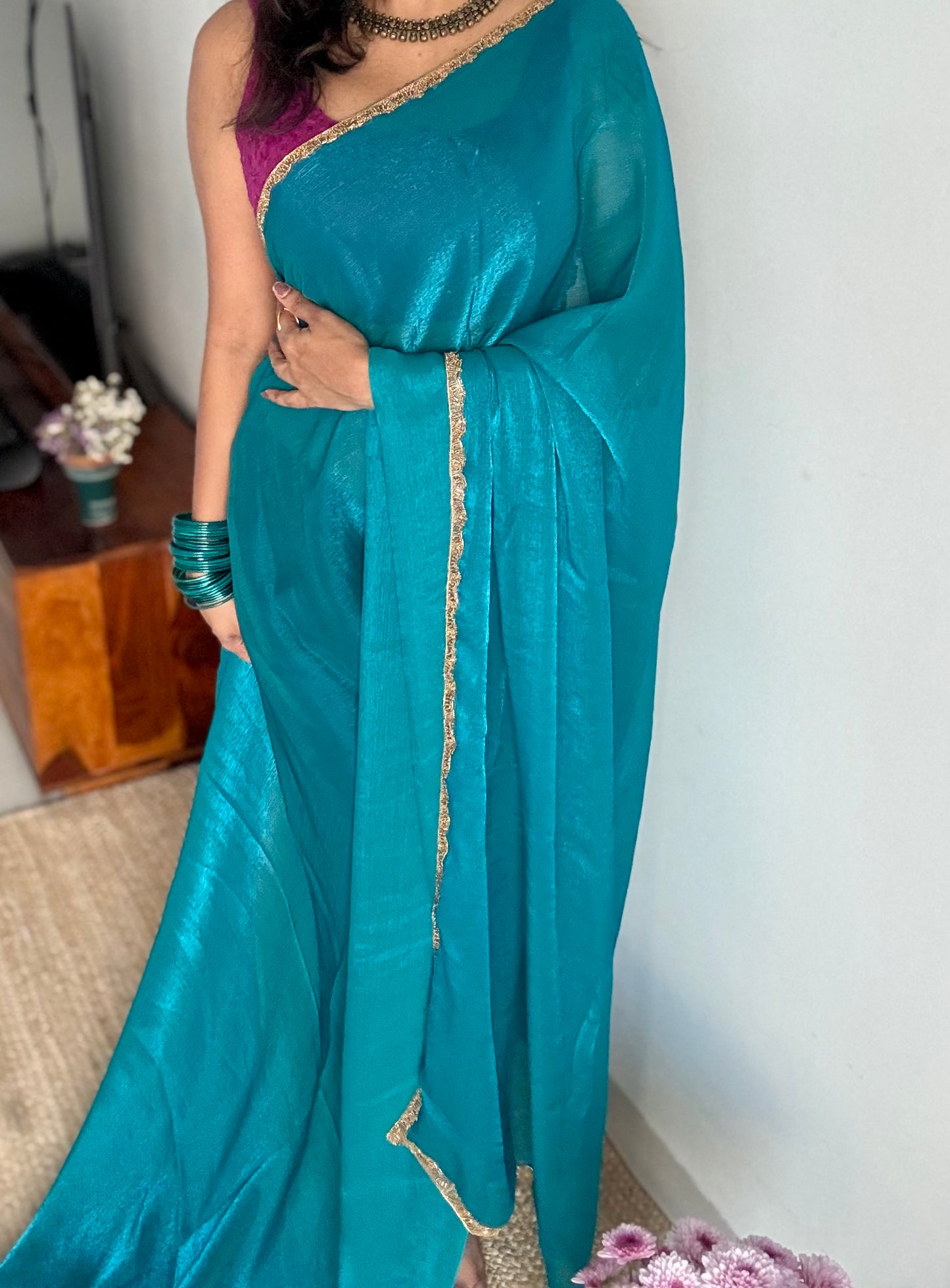 Bluetiful Chaos - bluish green, metallic dual tone space silk, embellished border - YCDOSNO44