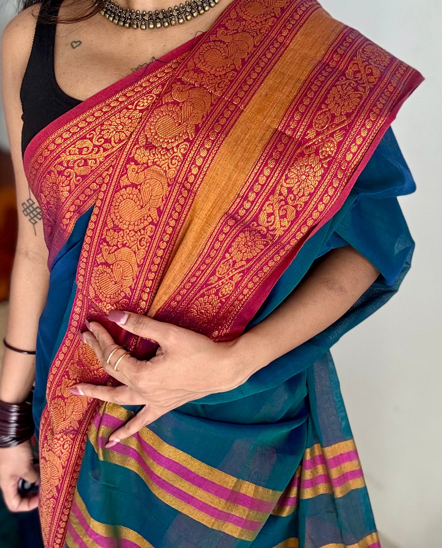 Peacock blue with dark pink wide border, narayanpet soft cotton saree - YCWOTDAUG02