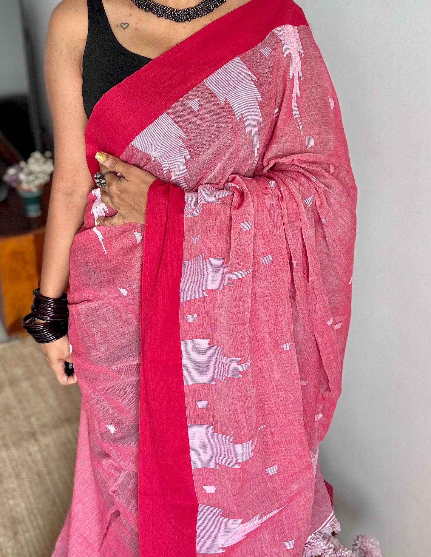 Muted red with dark red borders, temple motif woven threadwork, soft cotton - YCBCMKCDE29