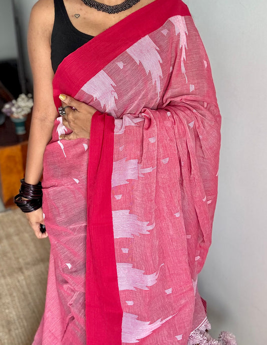 Muted red with dark red borders, temple motif woven threadwork, soft cotton - YCBCMKCDE29