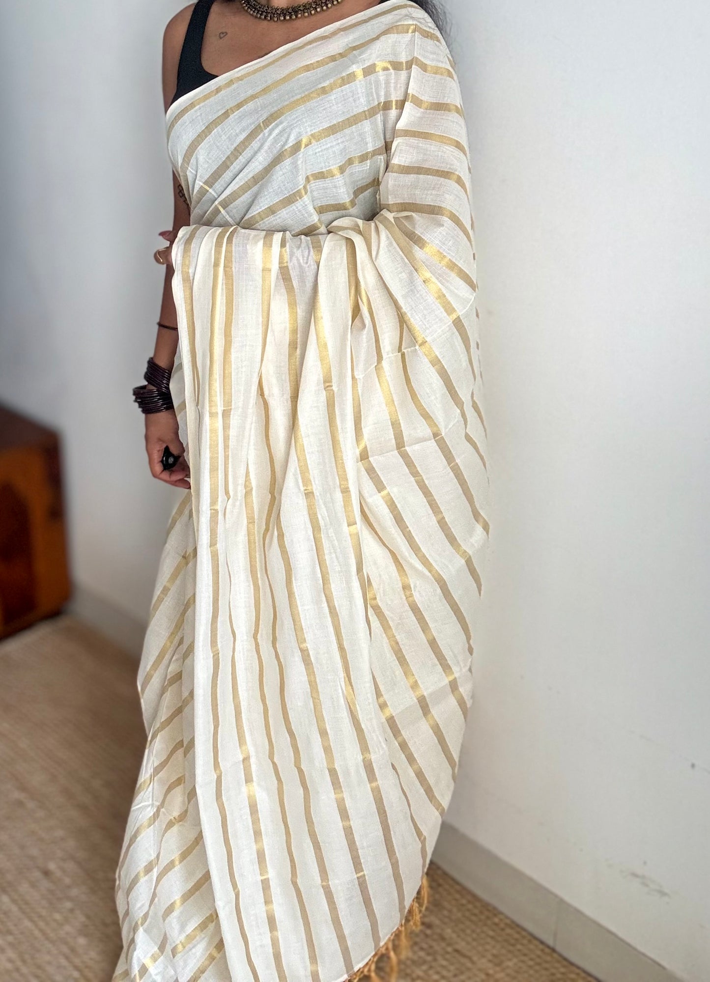 Ivory and gold soft cotton kasavu saree, broad gold stripes - YCIEON81