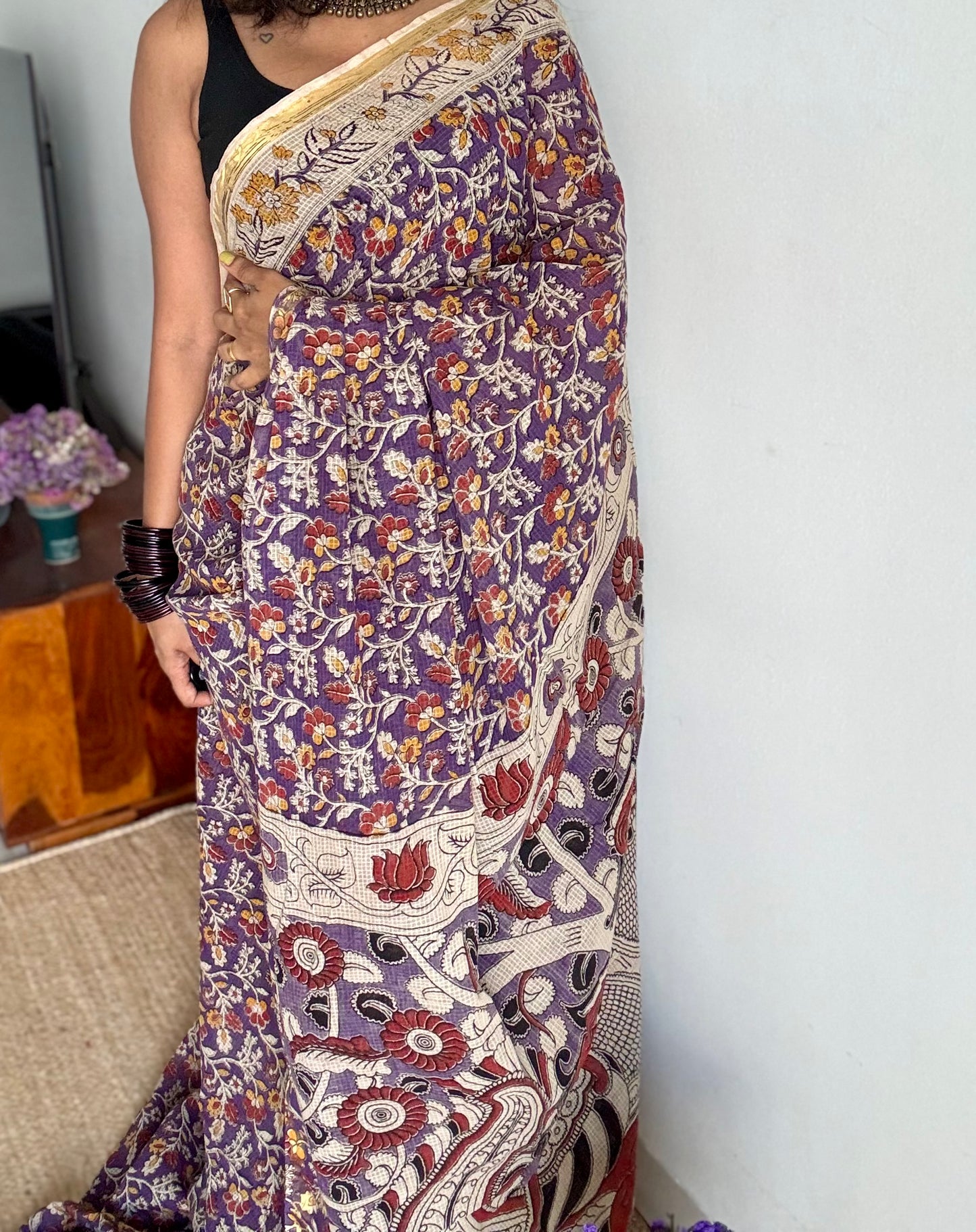 Purple cream red kalamkari saree in kota, with zari border - YCWOTDKKFE18