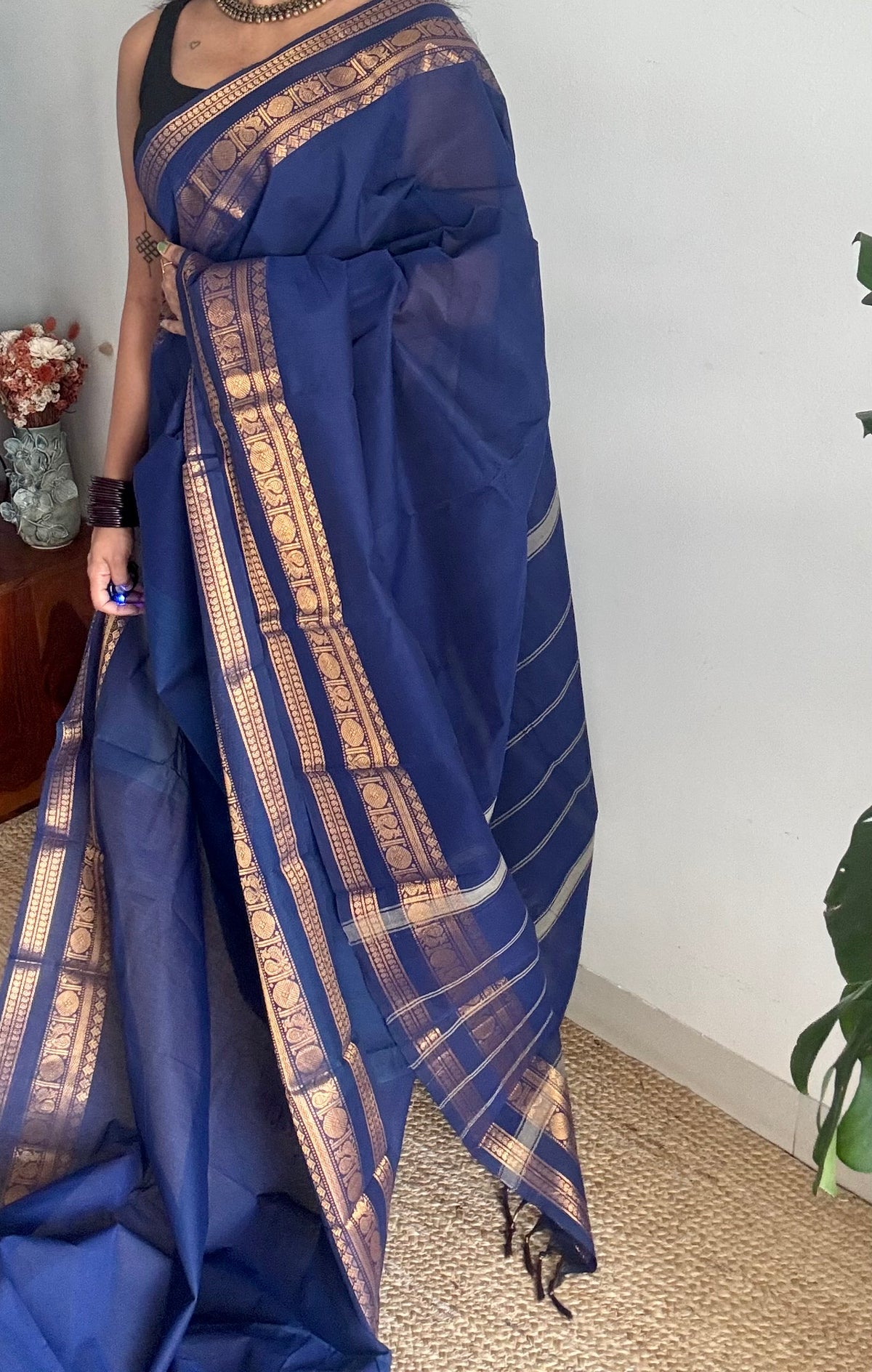 Blue with gap zari border, kanchi cotton saree - YCCOTNCCOC119