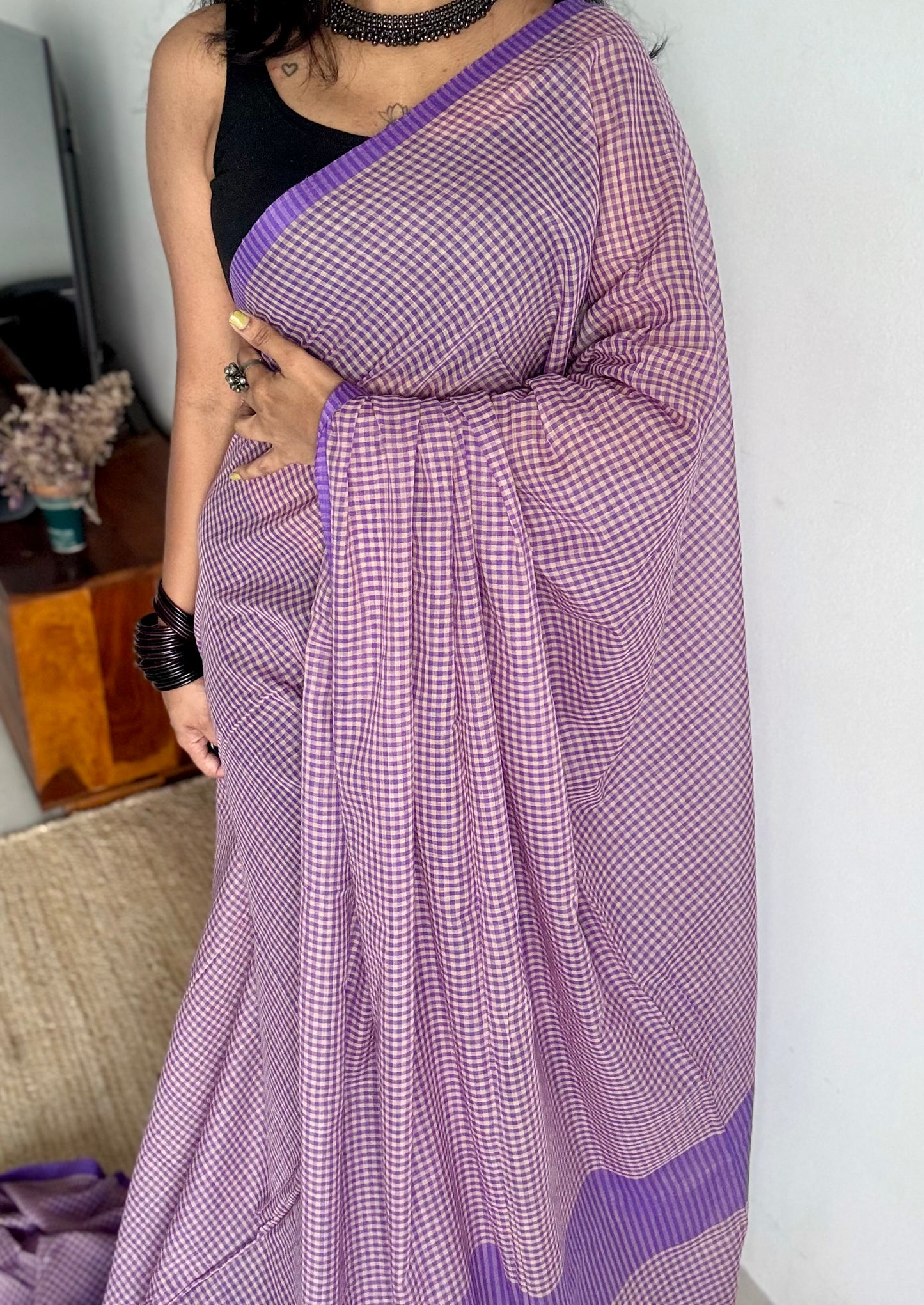 Purple and cream mul, micro checks - YCBCMCNO05