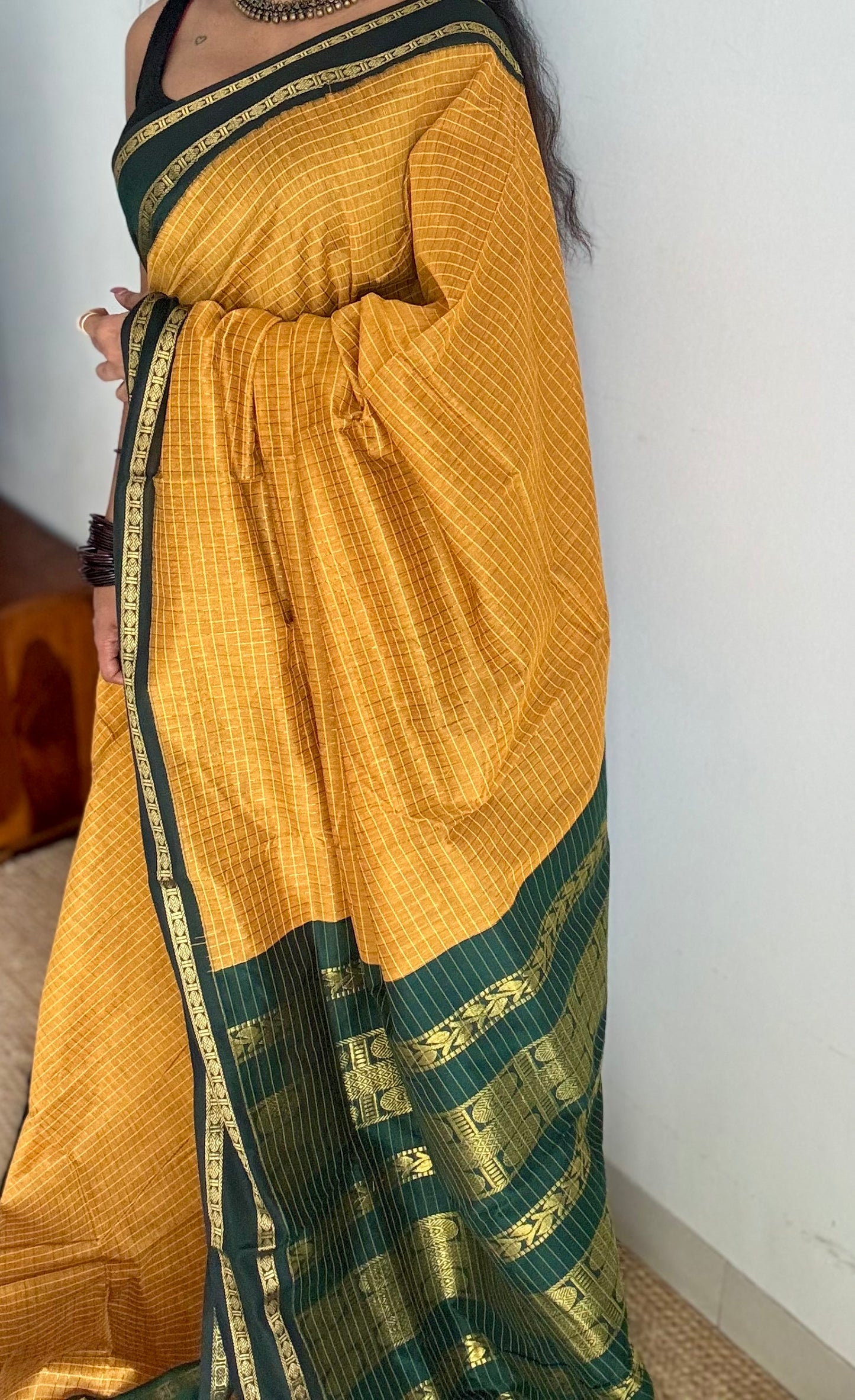 Mustard yellow with dark green contrast arani checkered saree, cotton silk - YCCOTNAUG12
