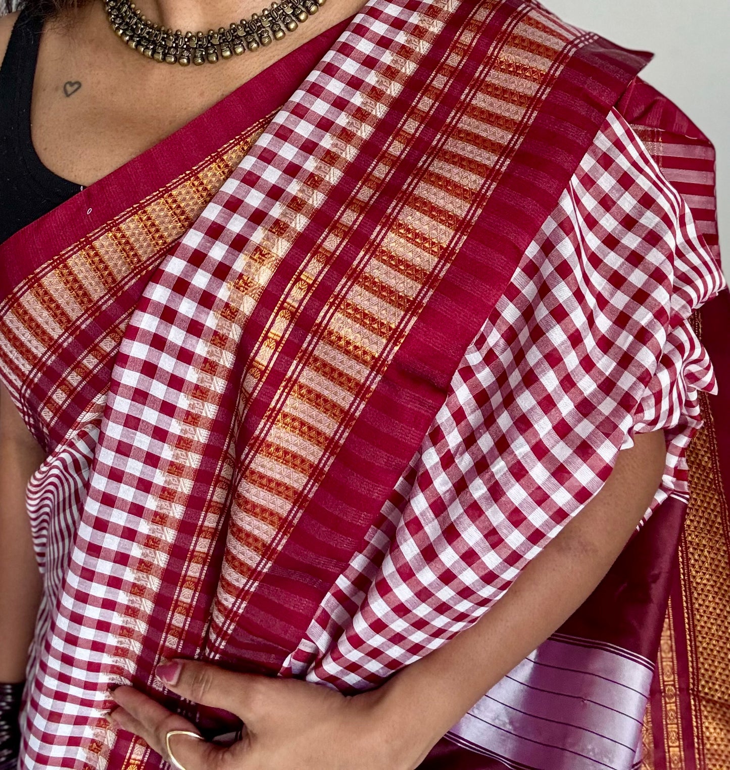 llkal dark maroon and white checks with chikki paras border, soft cotton with art silk blend - YCLOKICAP231