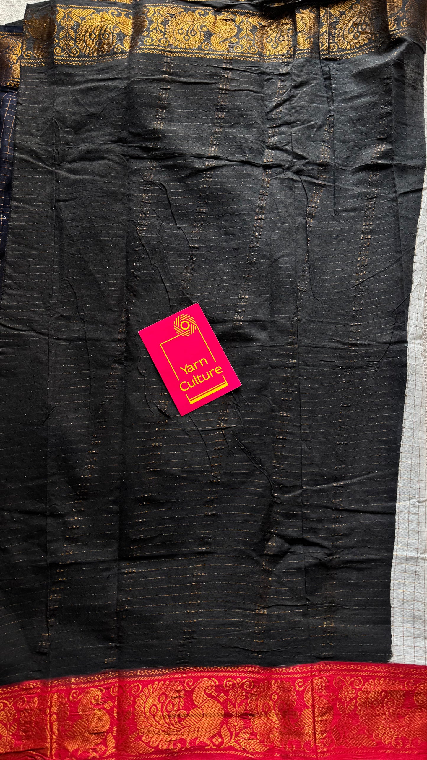 Ivory and red with black, sungudi cotton half-half saree - YCCOTNMSFE375