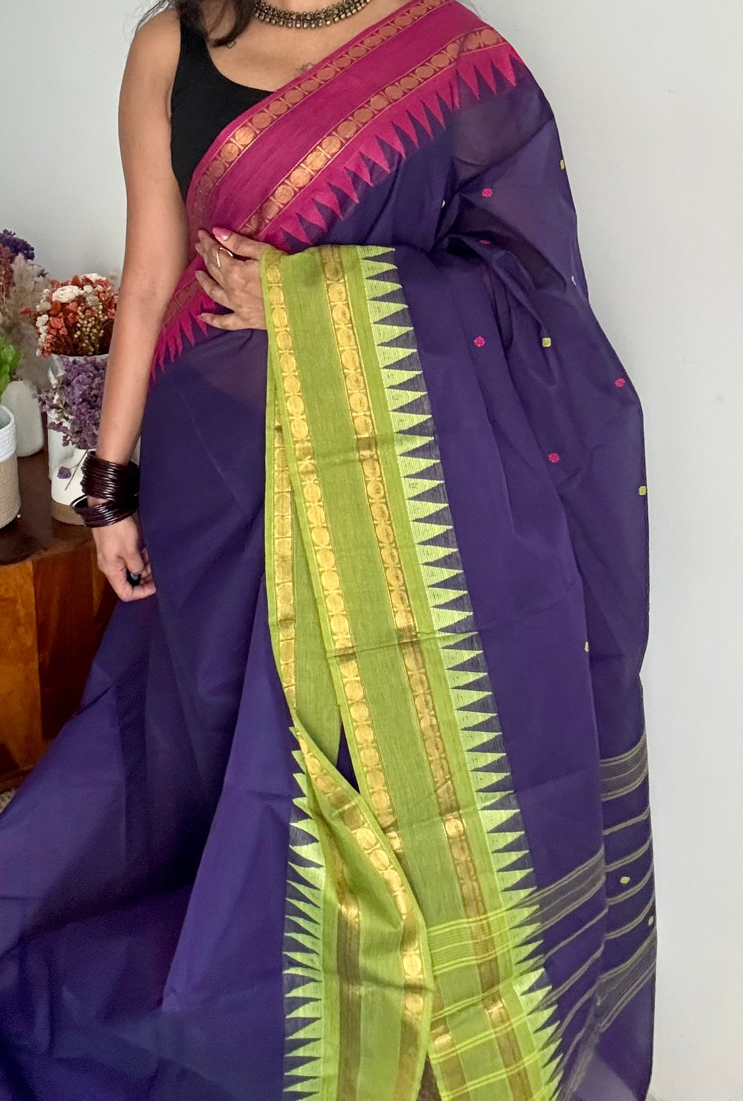 Kanchi cotton saree, royal blue with magenta and lime green dual border - YCCOTNAP97