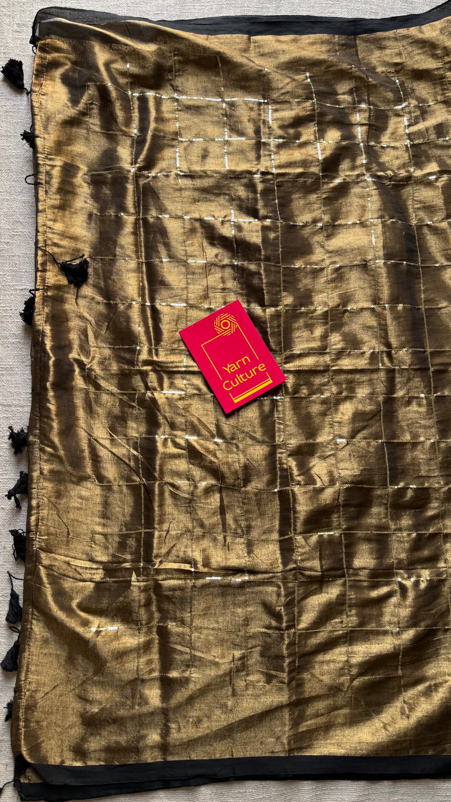 Bronze with black border, checkered sequins work, mul tissue - YCBCMCJA08