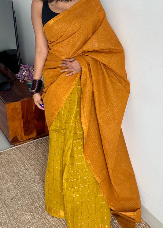 Turmeric yellow with light green, sungudi cotton half-half saree - YCCOTNMSFE368