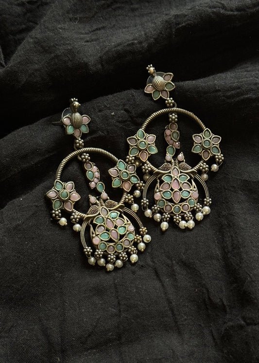 Peacock dangler earring with baby pink and mint stones - YCOSED593