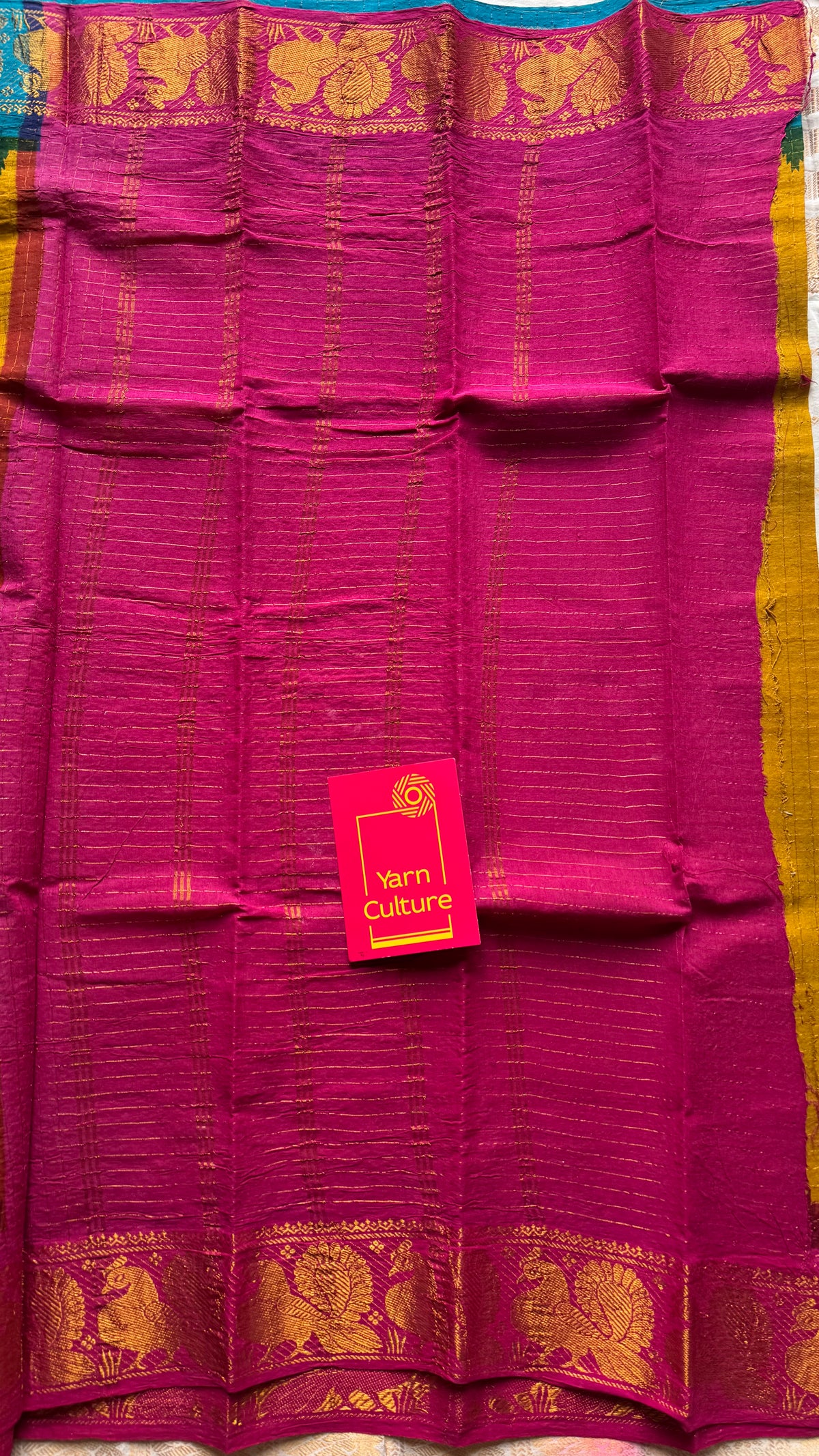 Sungudi cotton checks, mustard yellow base, blue and hot pink dual tone border, soft cotton - YCCOTNMSSE09