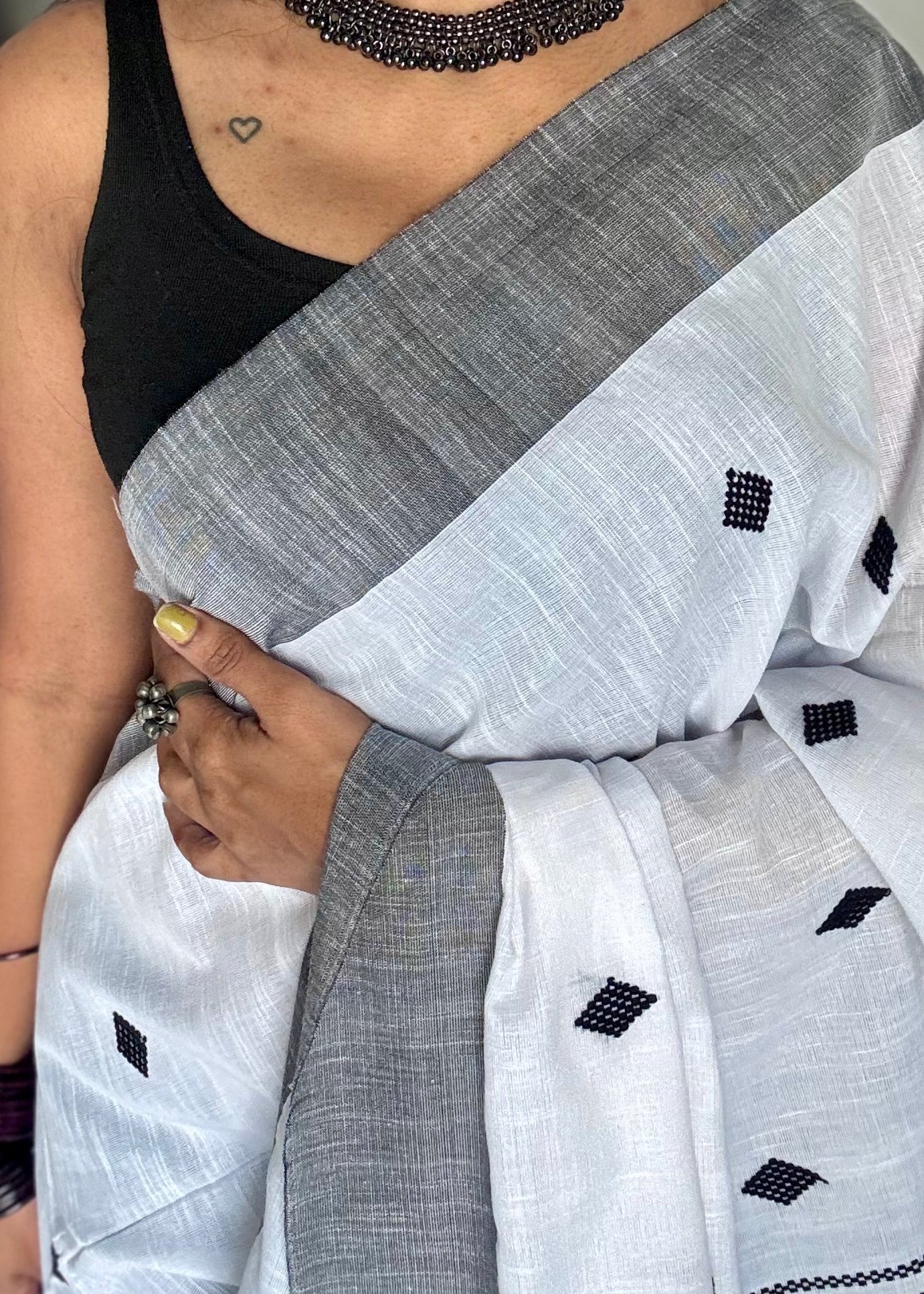 White with black, soft khadi cotton with woven motifs - YCBCKCDE23