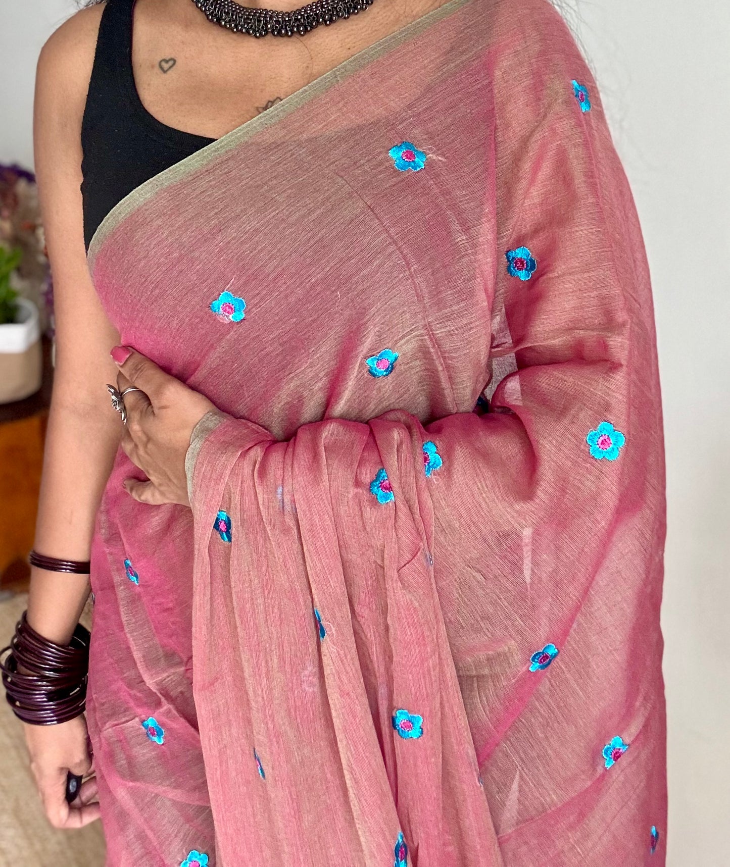 Dusty pink with grey dual tone, blue floral embroidered mul cotton saree  - YCBCMCAP44