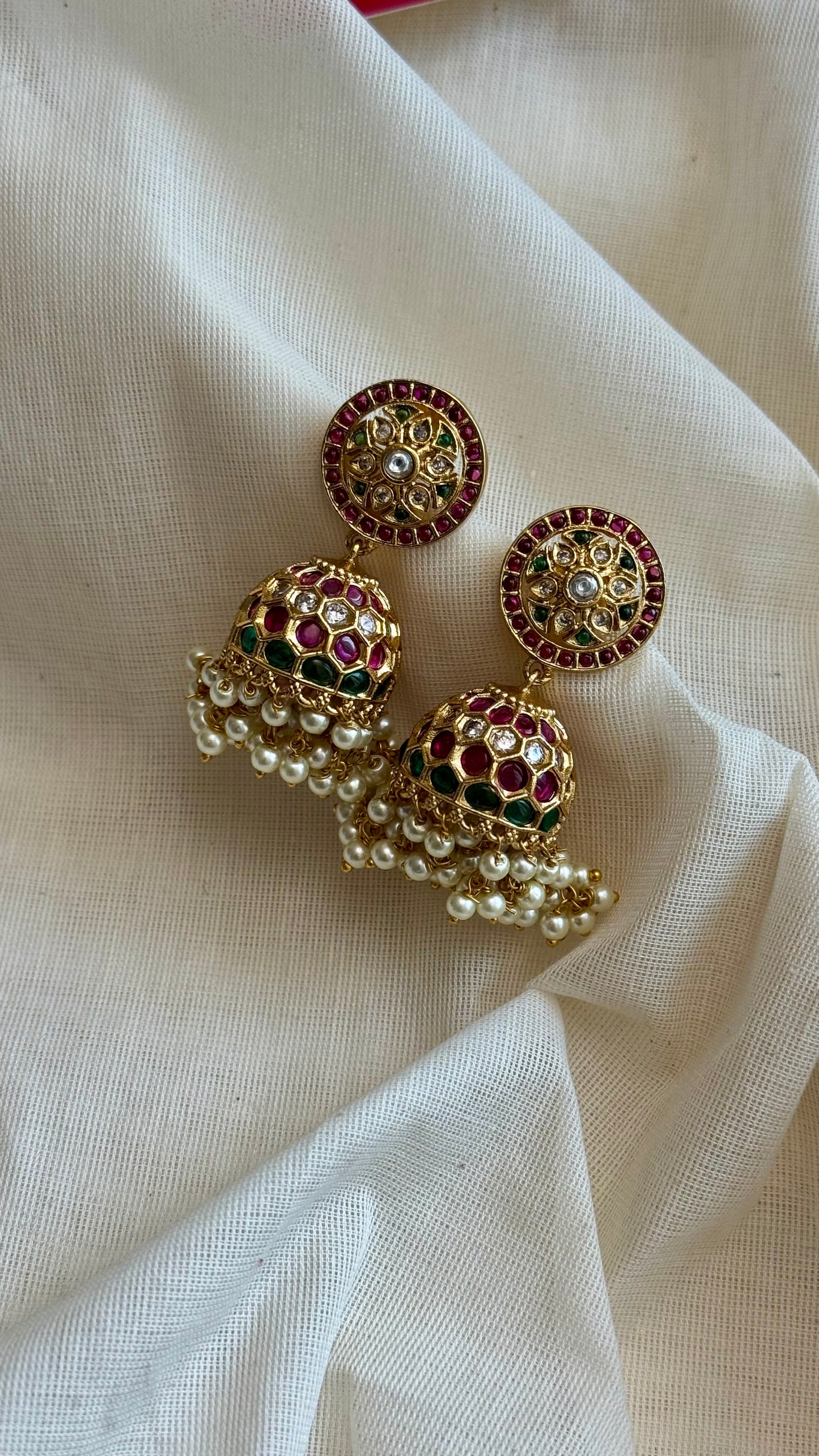 Ruby green pearl drops medium jhumka 2 - YCGPER831