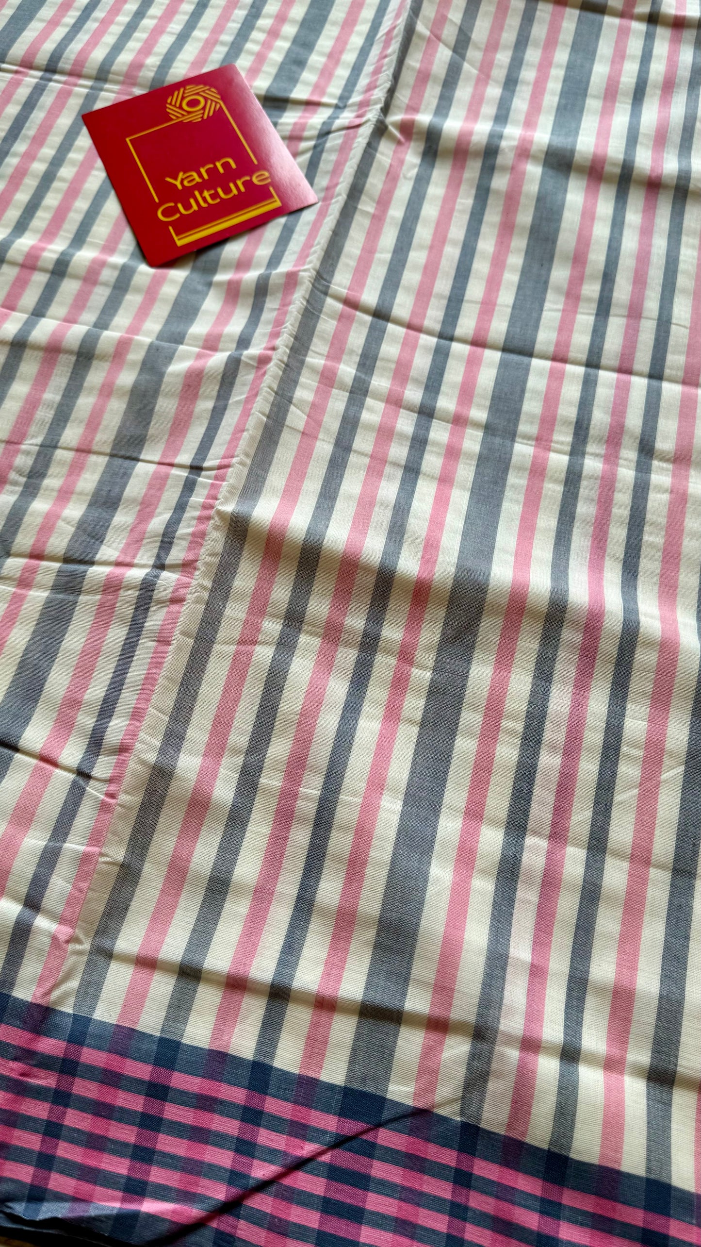 Handloom, woven in Chendamangalam Looms, ivory with grey pink border, striped soft cotton saree - Handloom ivory grey pink border