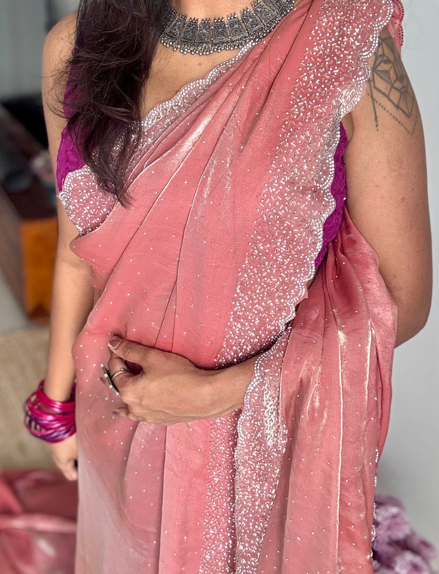 Blush Glow -  salmon pink metallic dual tone space silk, jarkhan stone work - YCDOSNO36