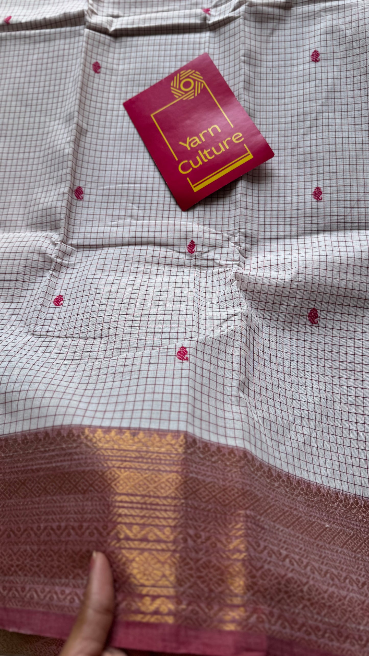 White and burnt red contrast, checkered Chettinad cotton saree - YCCOTNMA264