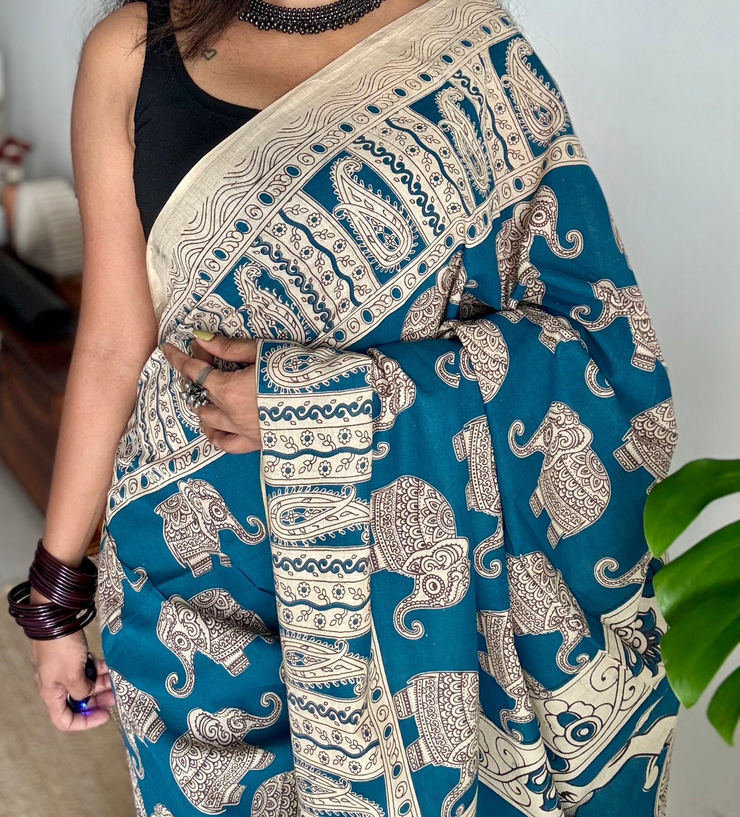 Peacock blue kalamkari saree, elephant motifs, soft cotton - YCWOTDMA350