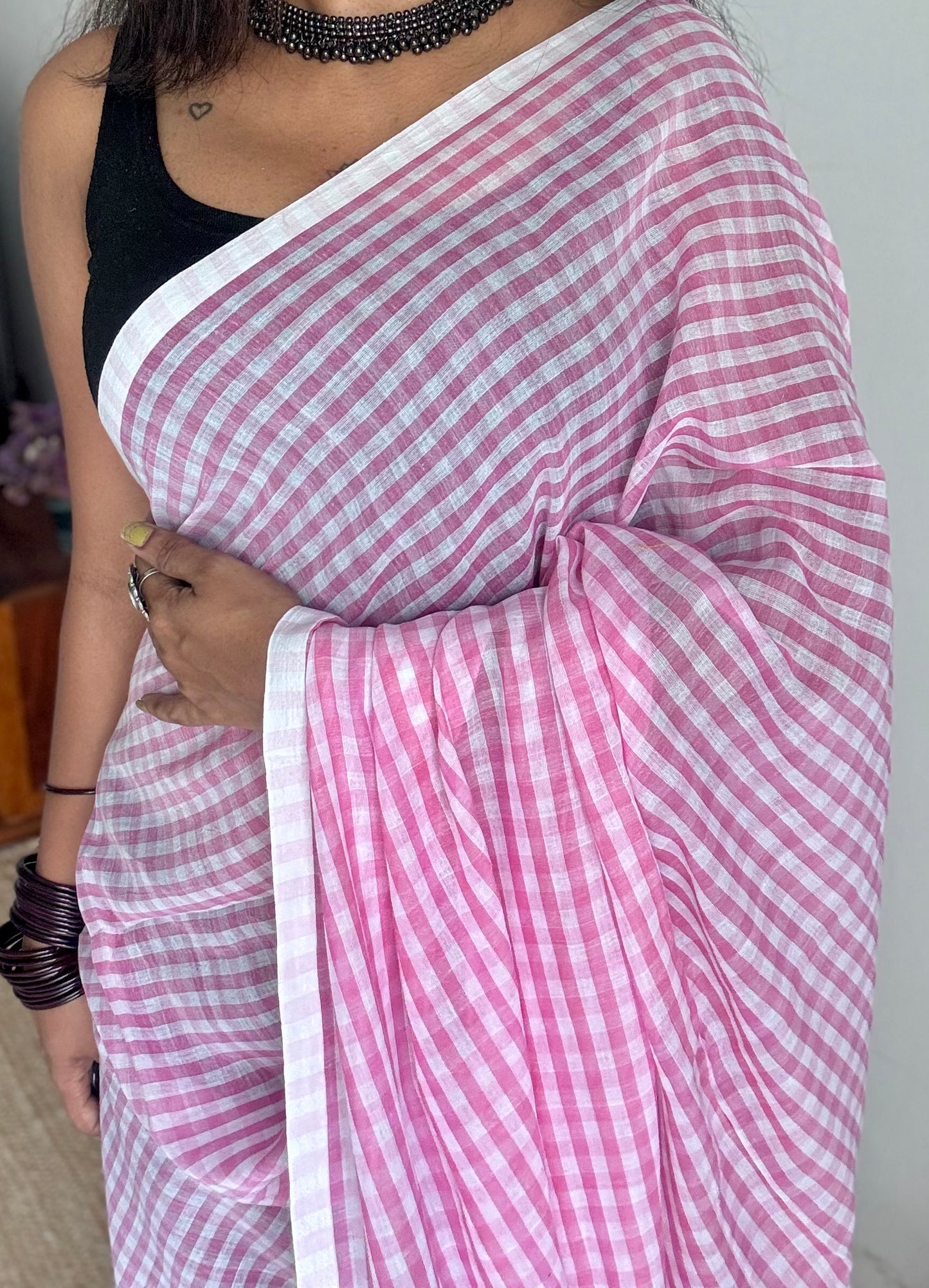 Light pink and white checkered mul cotton saree  - YCBCMCCMA28