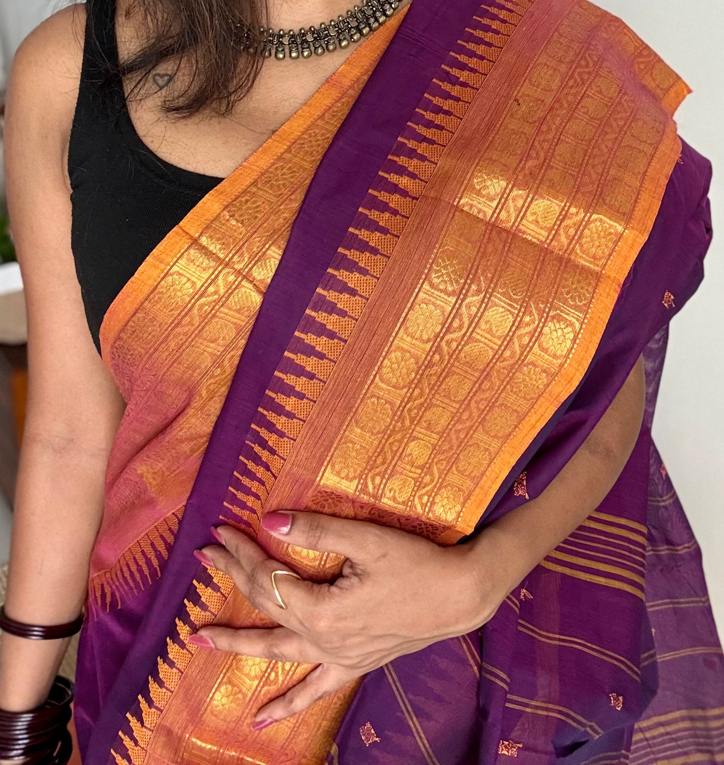 Kanchi cotton saree, purple with turmeric yellow border - YCCOTNAP87