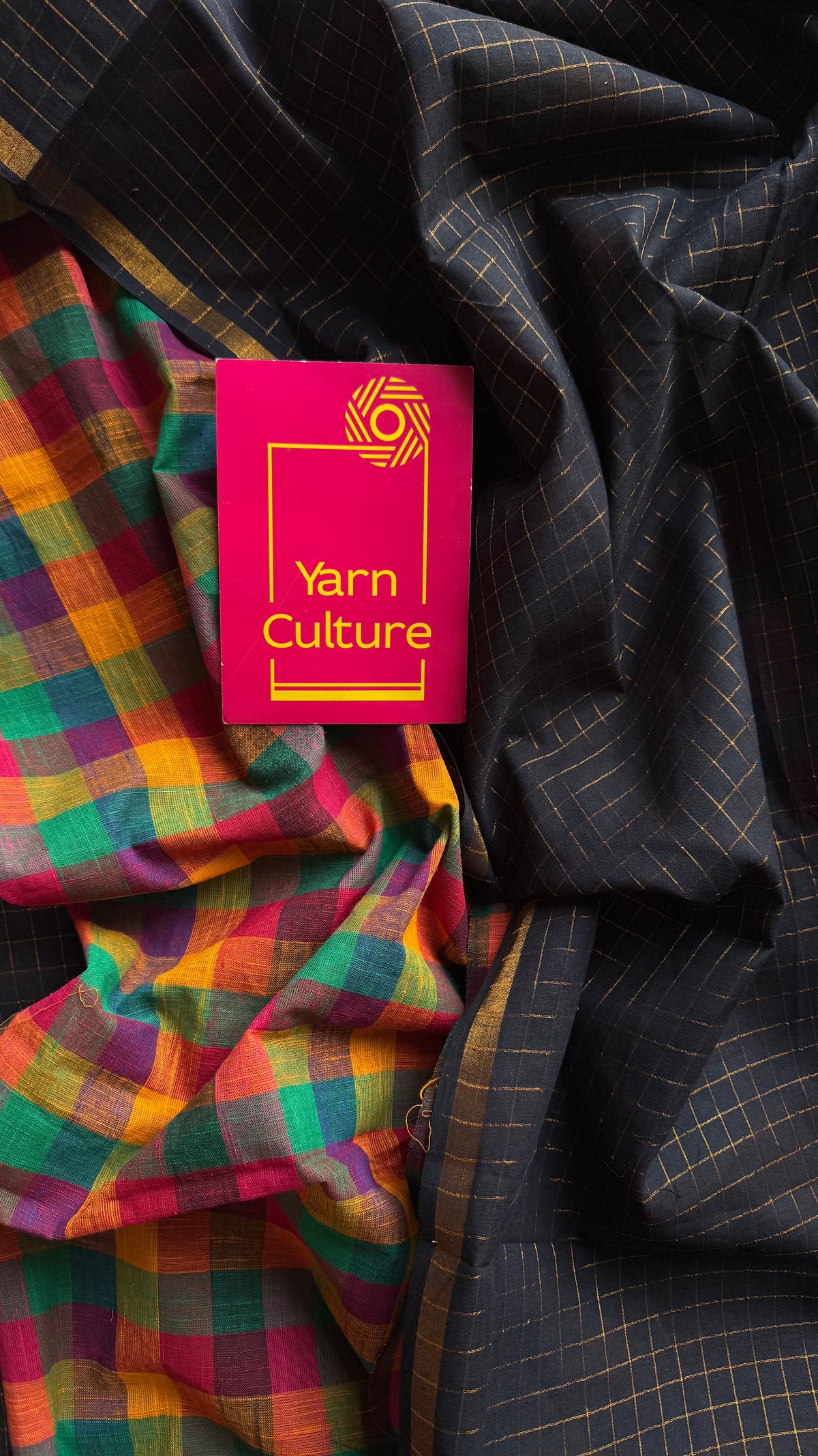Black with multicoloured mini madras checks, cotton half and half saree - YCCOTNIDOC168