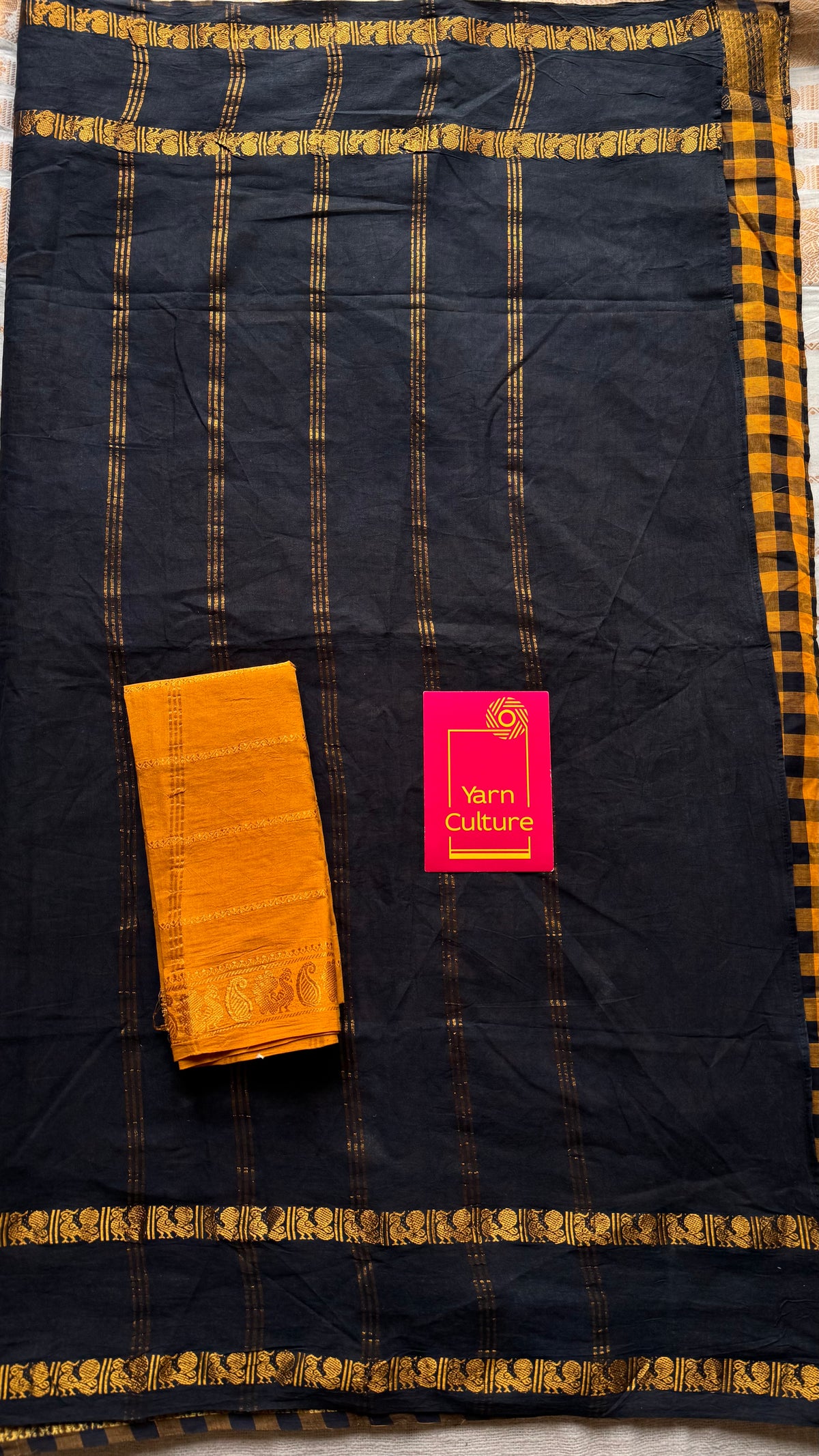 Black with yellow and black checks, sungudi and chettinad cotton half-half saree - YCCOTNIDOC30