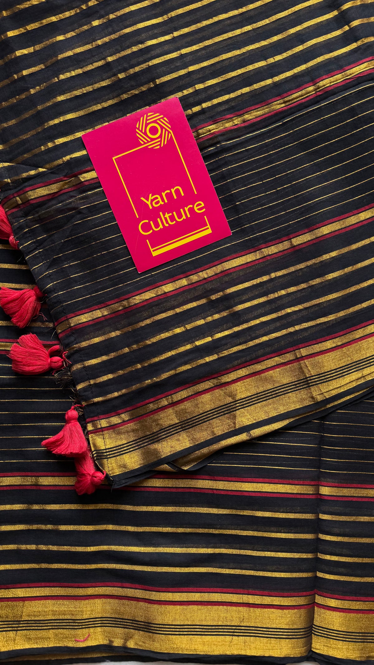 Black mul cotton saree with gold and maroon zari stripes - YCBCMCSE27