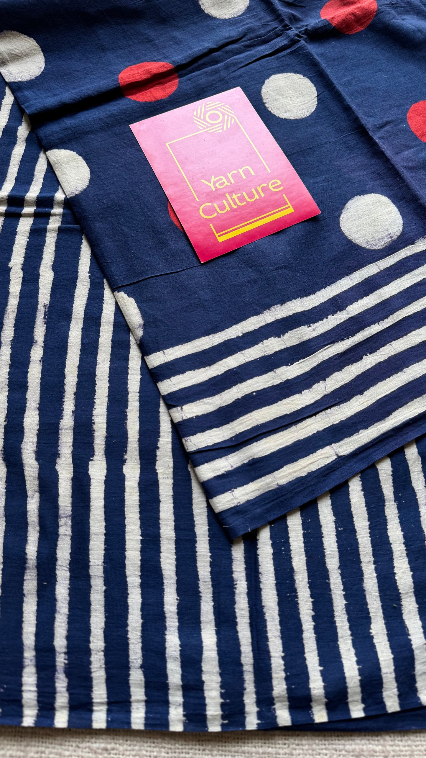 Indigo with red and white cirlce motifs, block printed soft cotton saree - YCTORCMA11