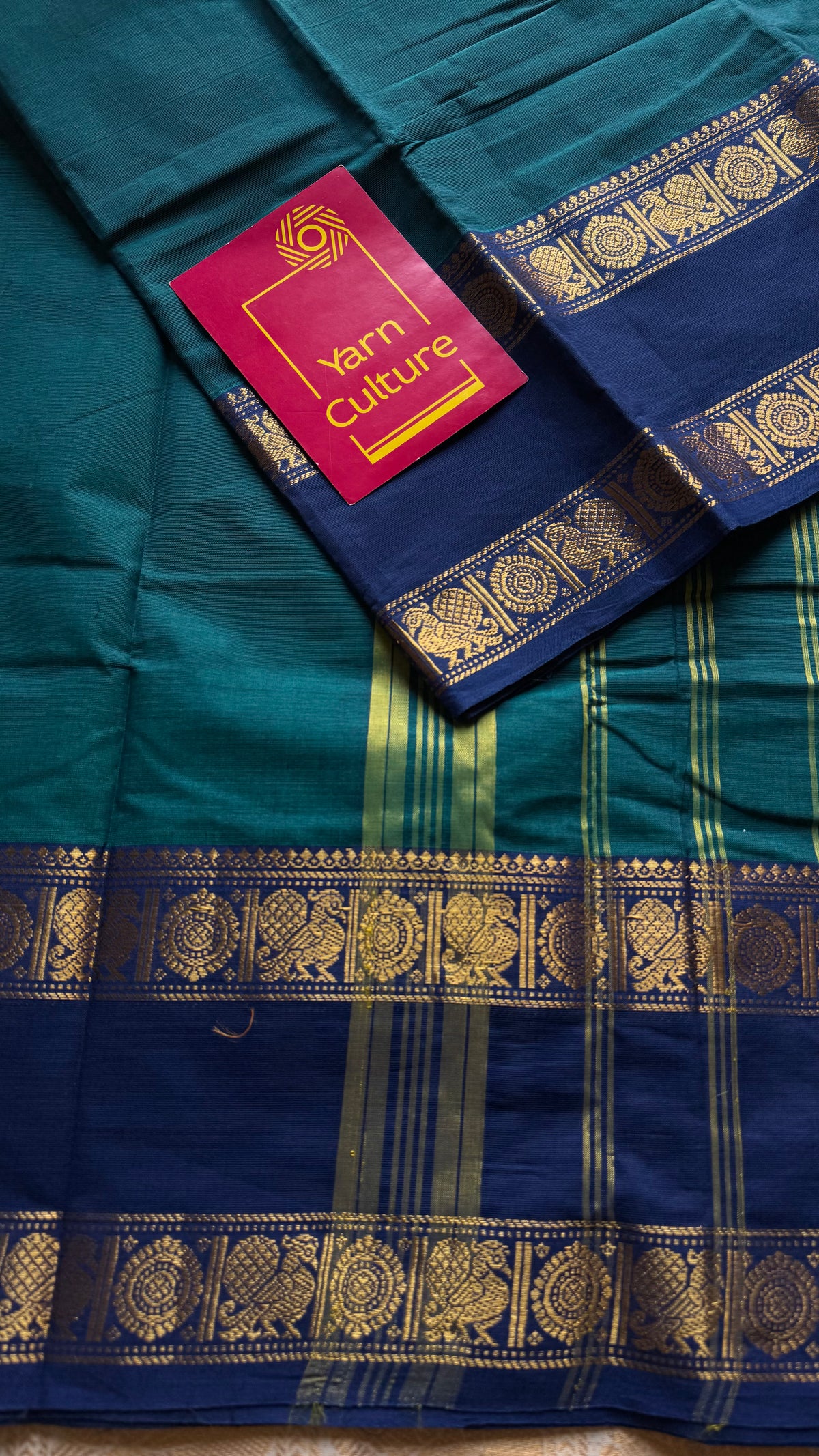 Peacock blue with blue rettaipet double zari border, kanchi cotton saree - YCCOTNCCOC112