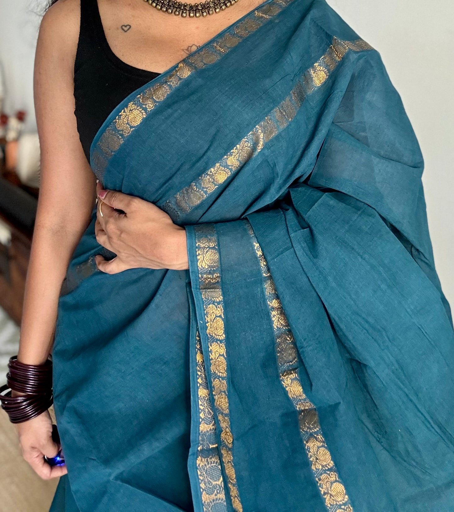 Peacock blue/teal rettaipettu peacock double bordered, kattuchayam dyed madurai cotton saree - YCTORKDJU30