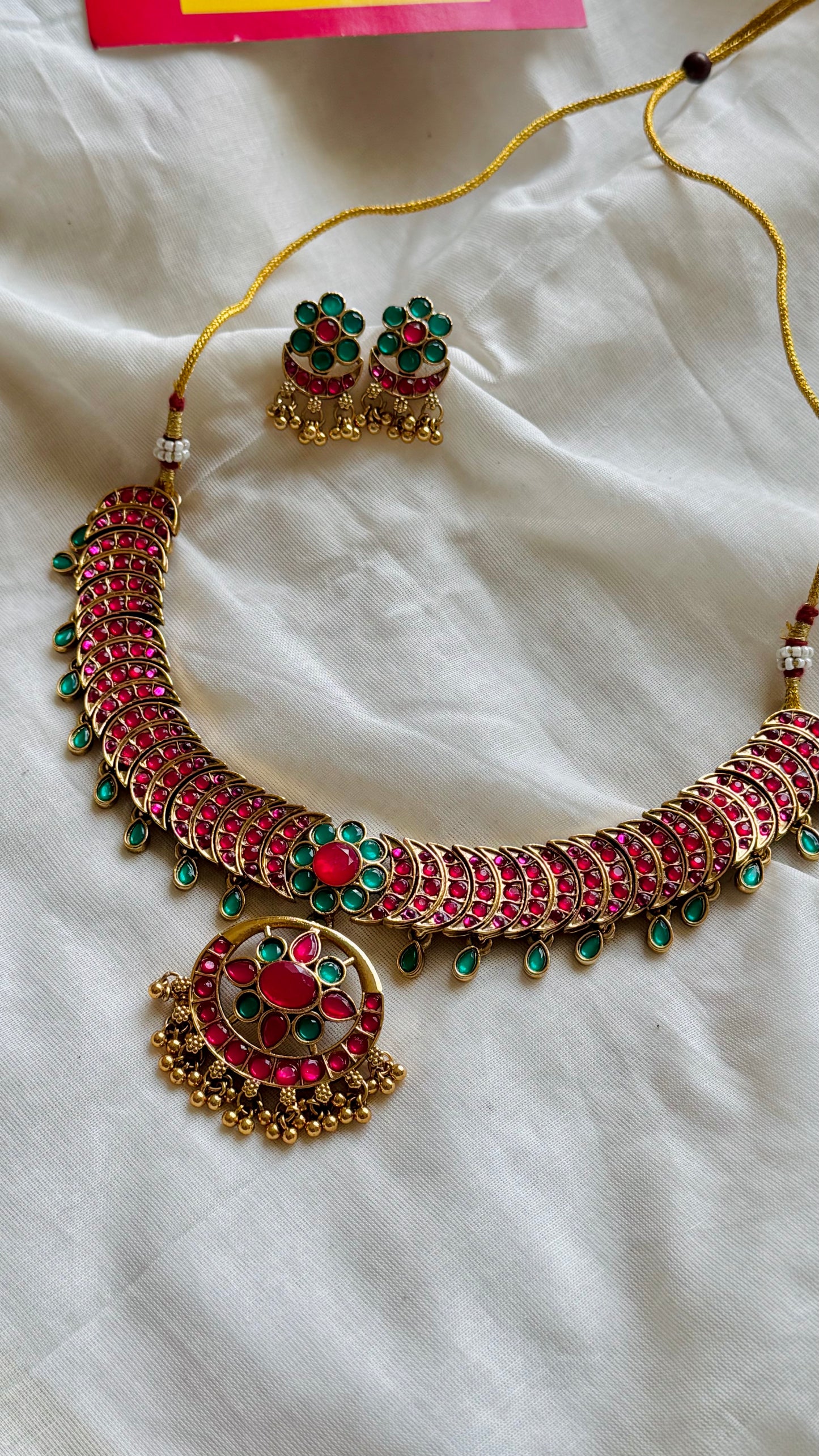 Ruby green stone statement neckpiece with earrings - YCGPNP747