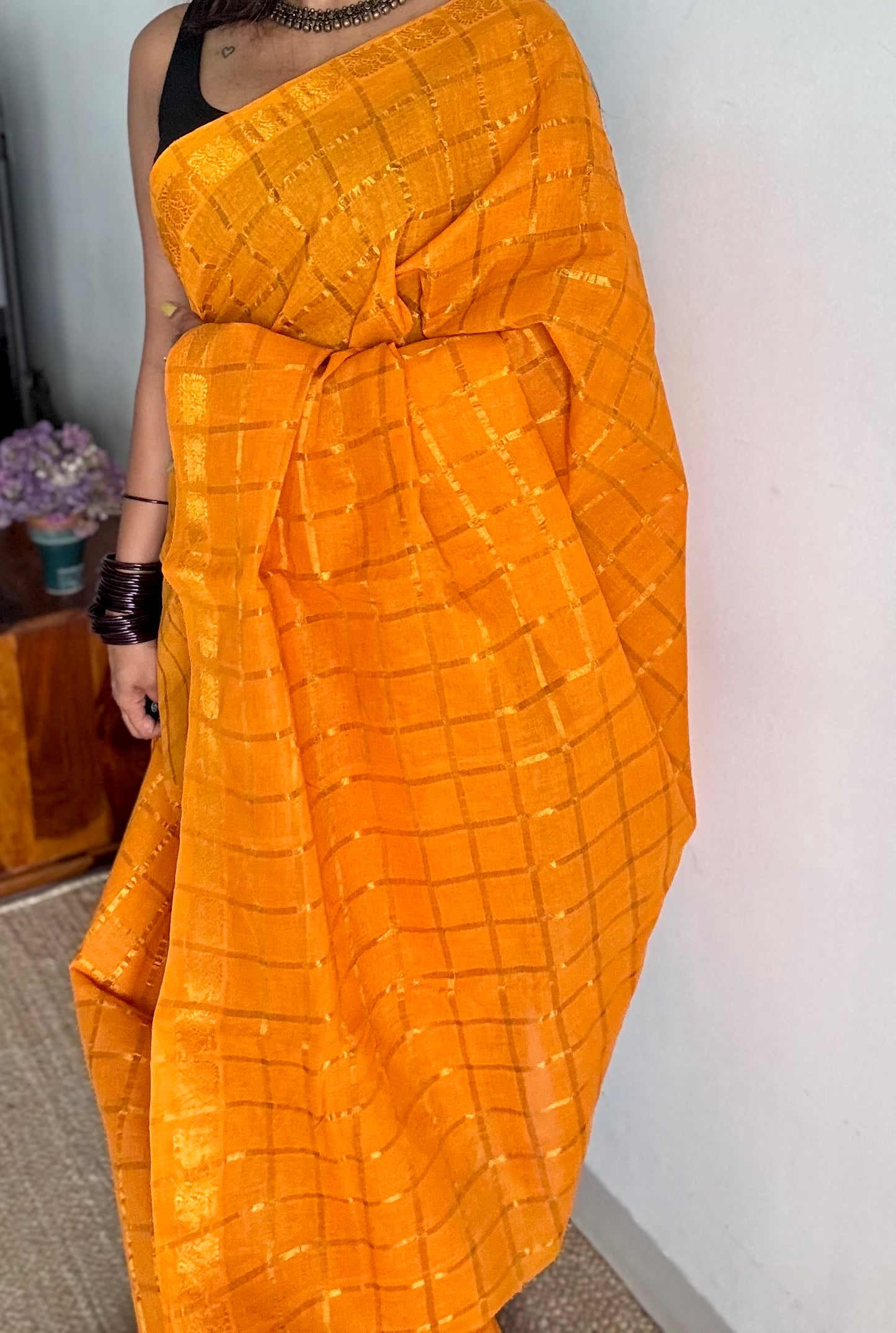 Light orange pavithra kattam kattuchayam dyed madurai cotton saree - YCCOTNMSFE122
