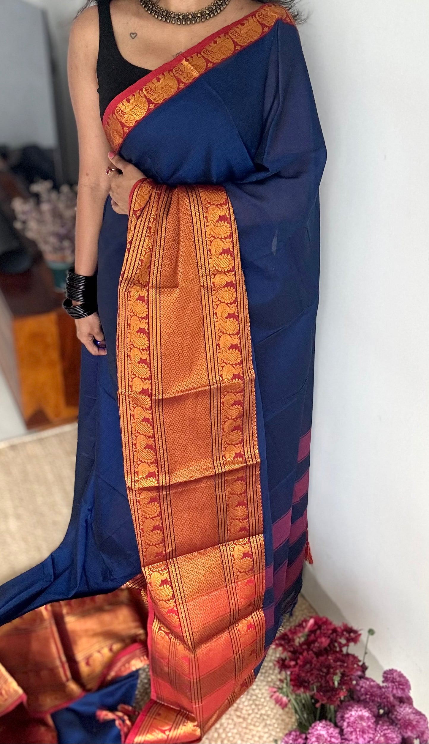 Blue with broad zari border, premium narayanpet, soft cotton - YCWOTDFEBB08