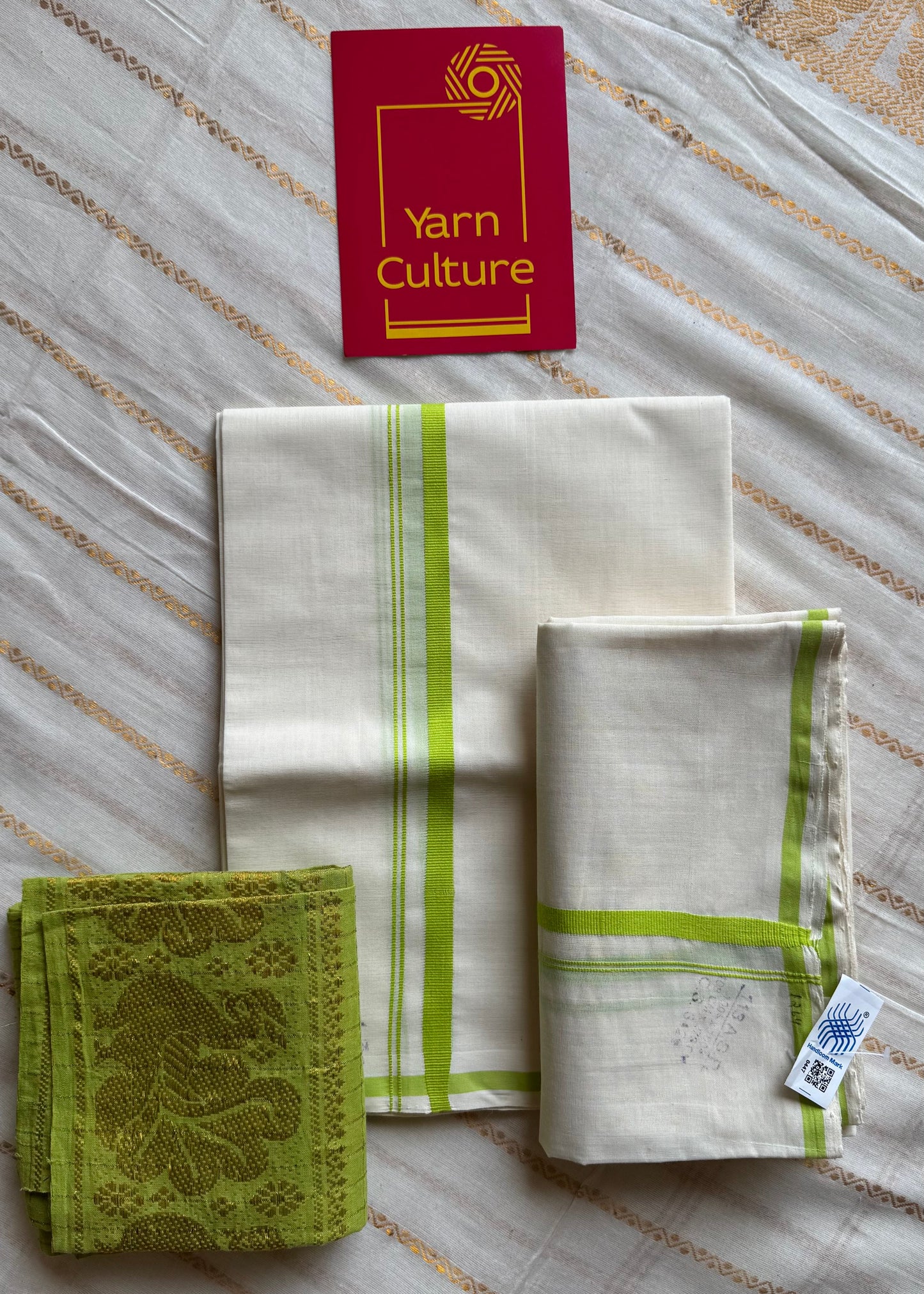 Set mund, handwoven from Chendamangalam looms, lime green - YCIEON142