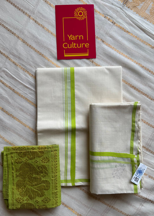 Set mund, handwoven from Chendamangalam looms, lime green - YCIEON142