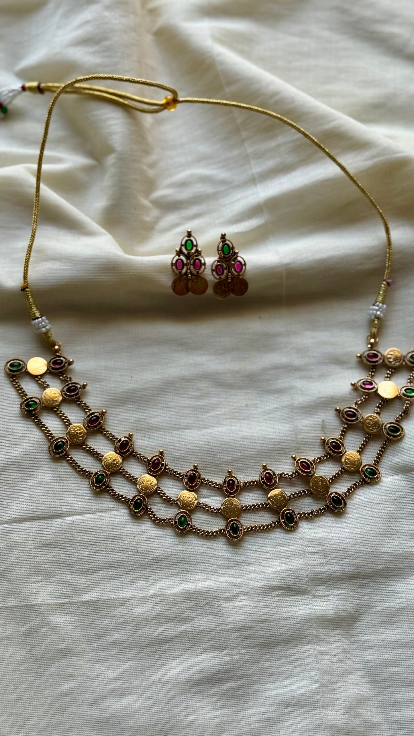 Antique gold three layered coin choker neckpiece, ruby and green stones, with earrings  - YCAGNP259