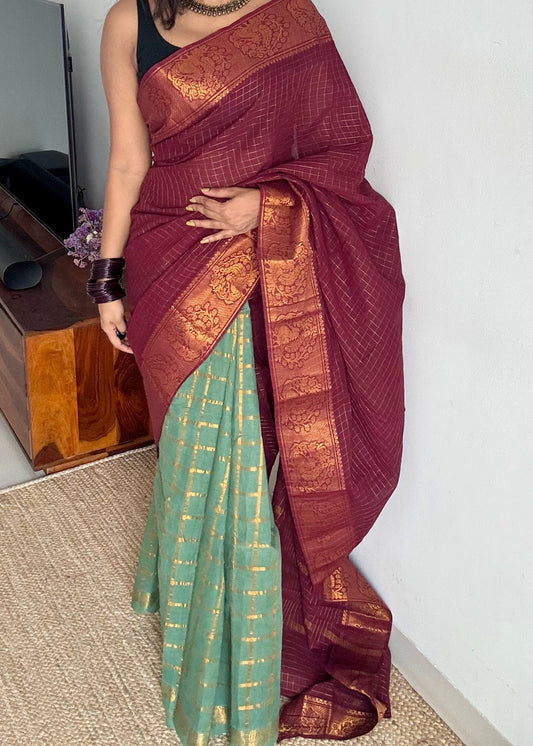 Maroon with mint green, sungudi cotton half-half saree - YCCOTNMSFE362